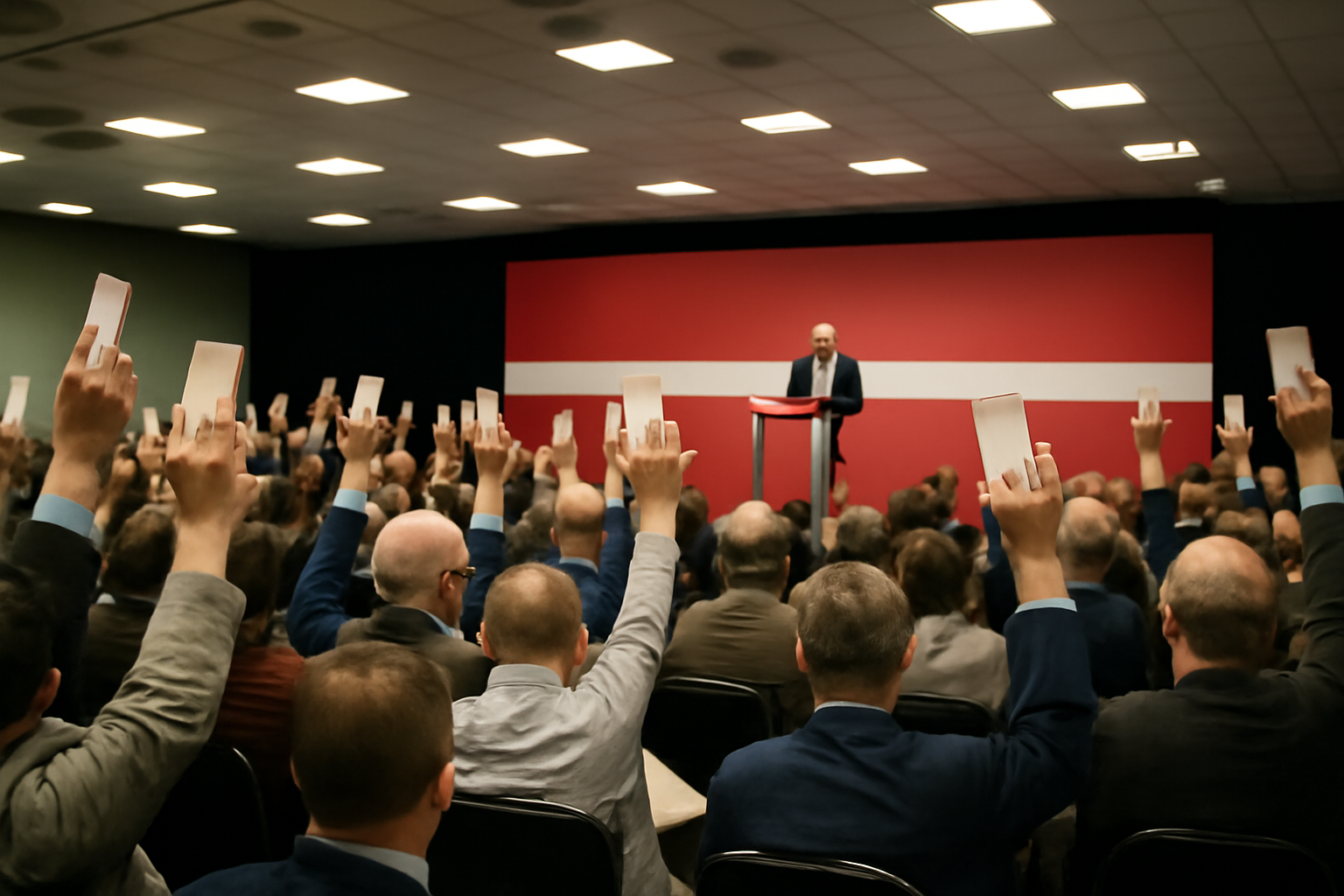 Green Party conference hall with delegates seated during a policy vote