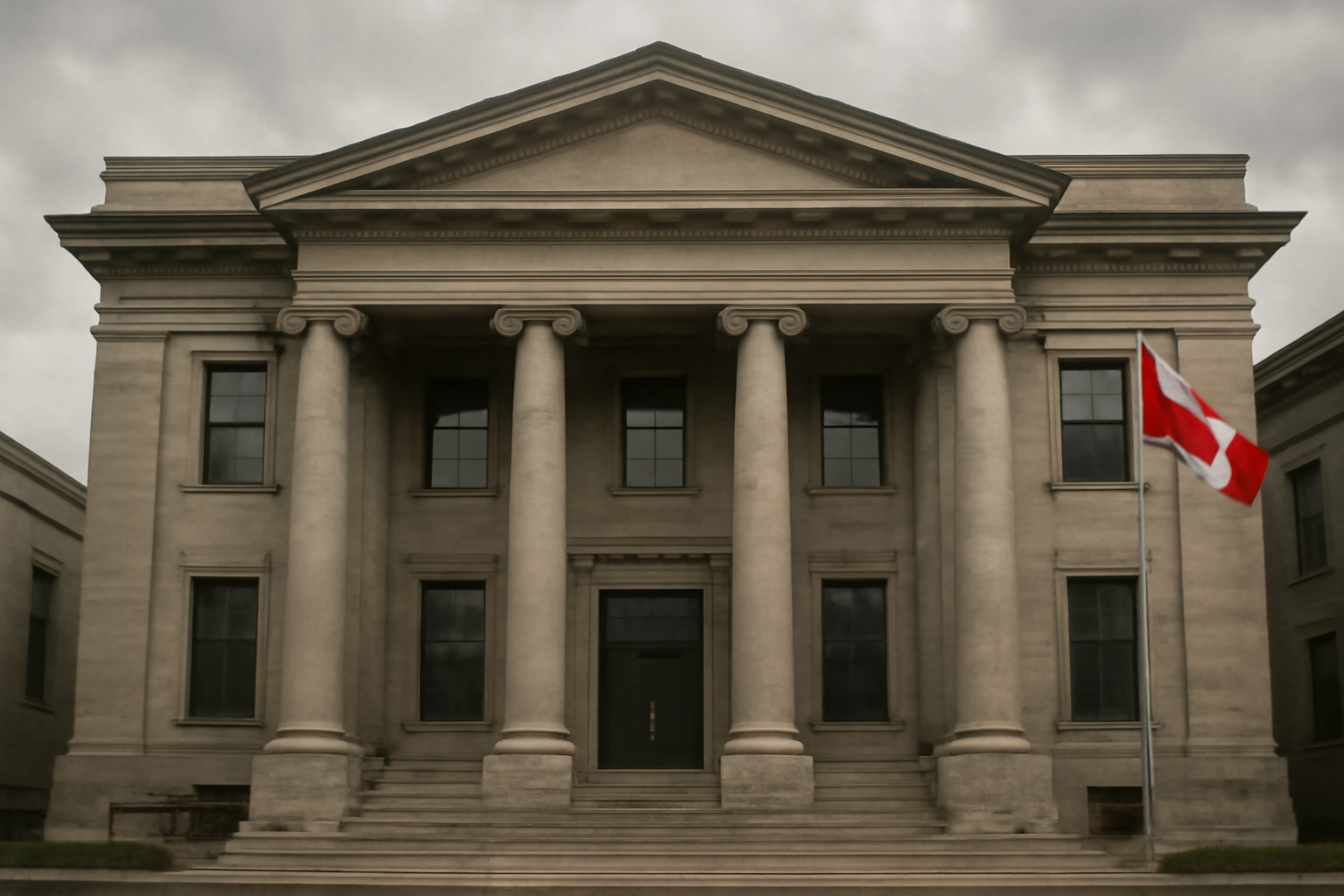 Exterior of a provincial courthouse building under an overcast sky