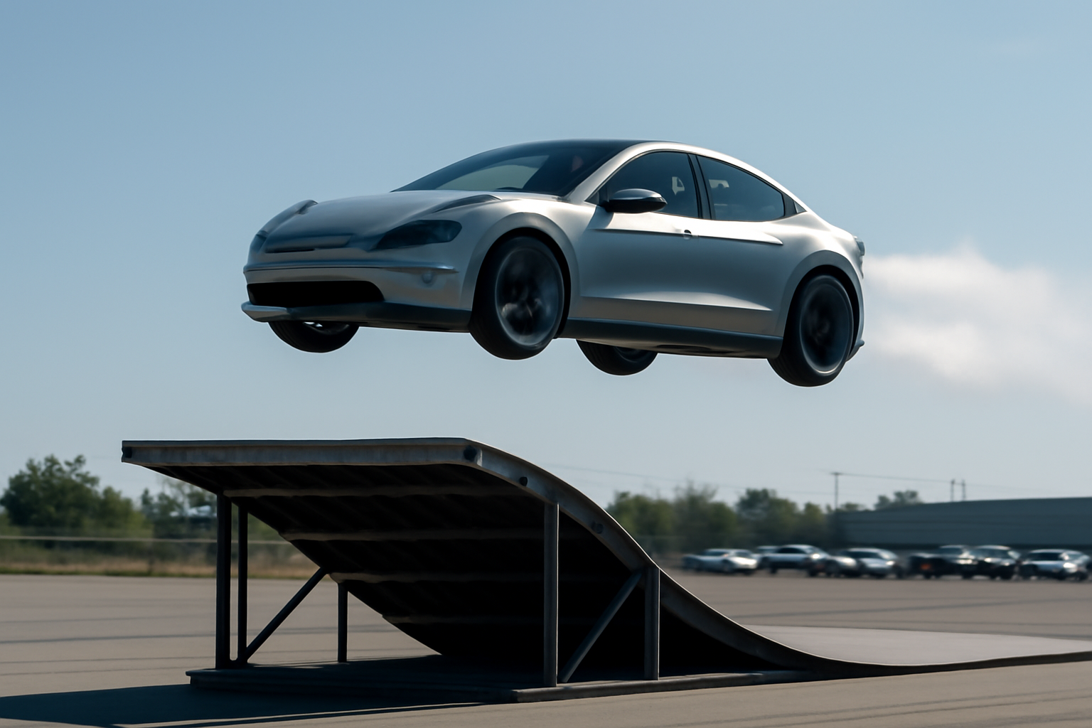A sports car mid-air above a curved launch ramp with visible thruster exhaust at an outdoor test facility