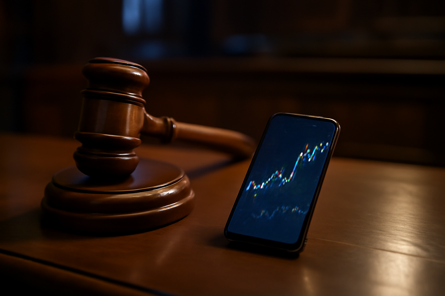 A wooden courtroom gavel resting beside a smartphone displaying a betting-style market chart