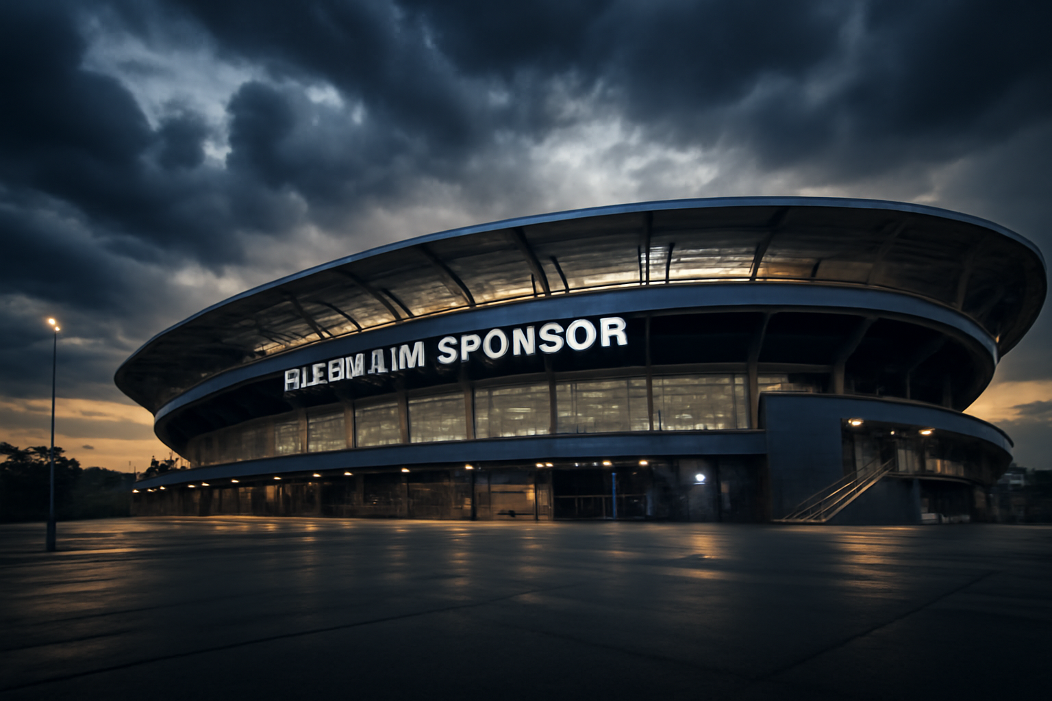Manchester City's Etihad Stadium exterior with sponsor branding visible at dusk