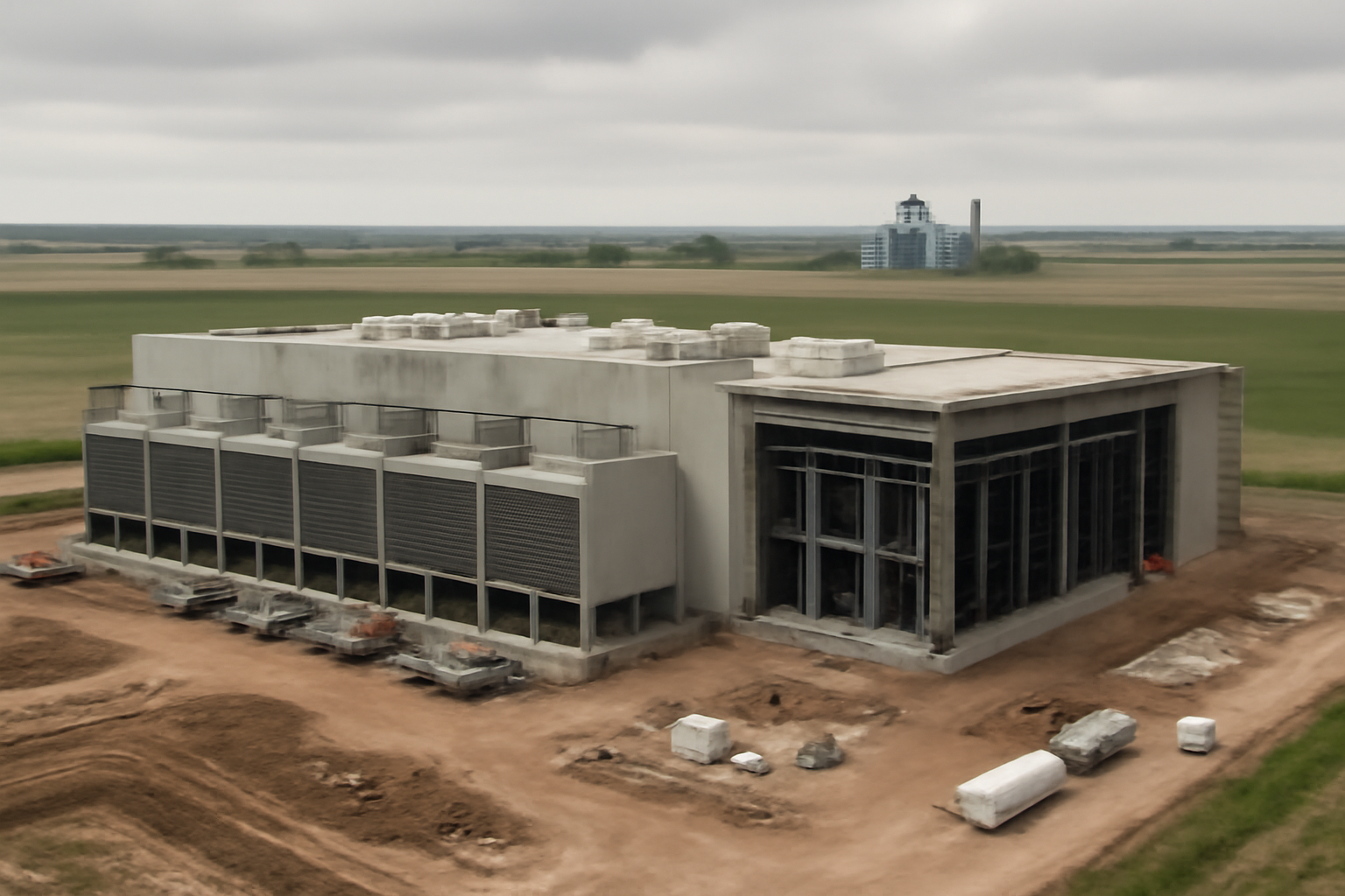 Rows of server racks inside a data center under construction surrounded by open rural farmland