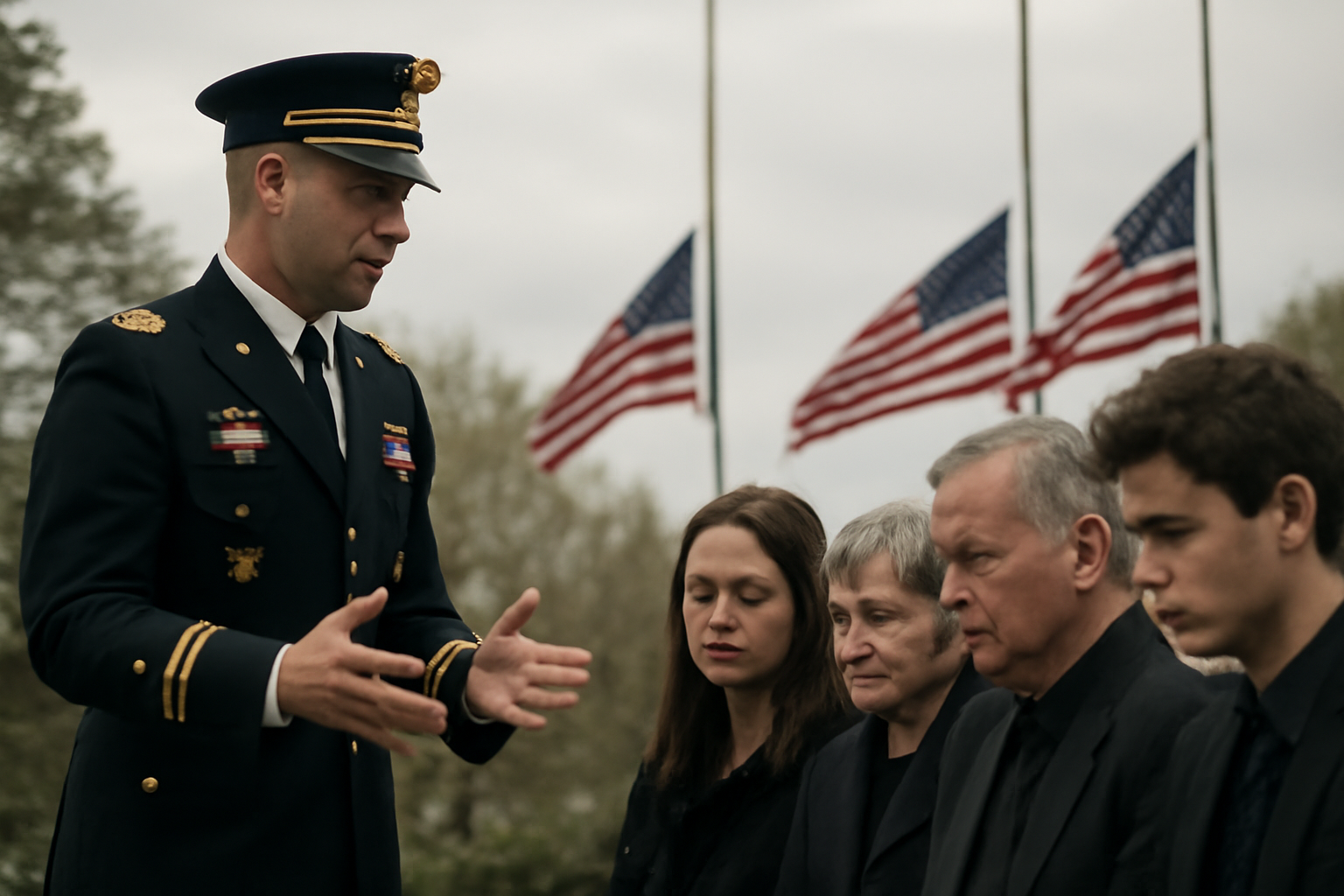 Army officer in dress uniform standing before family members at a solemn outdoor memorial service with flags at half-staff