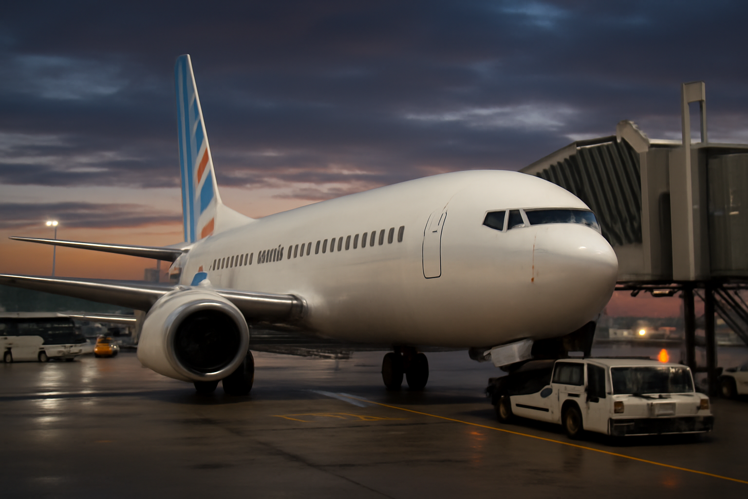 A Flydubai passenger jet parked at an airport gate with ground crew nearby
