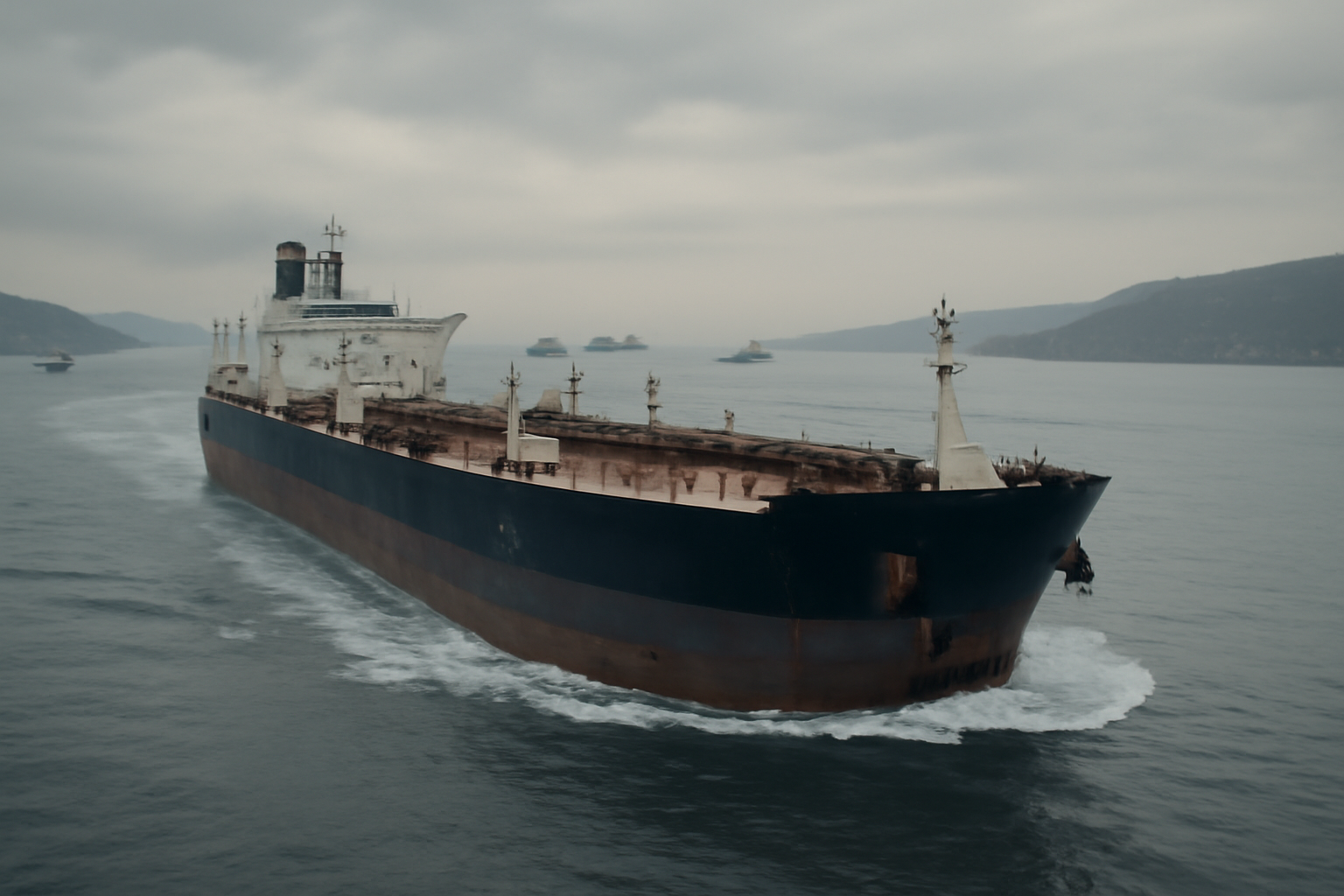 Oil tanker navigating a narrow strait with cargo ships visible in the distance under an overcast sky