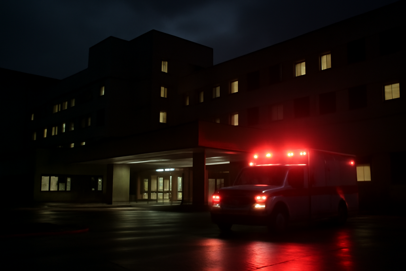 Exterior of a hospital building at night with emergency vehicle lights visible