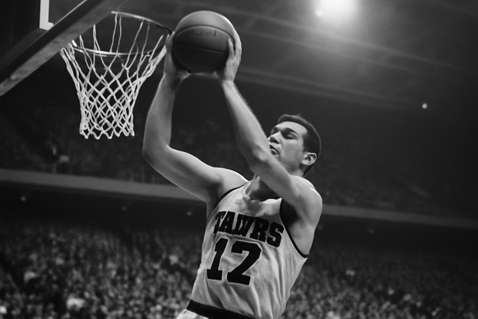 Vintage black and white basketball photo of a tall forward in a Hawks jersey pulling down a rebound