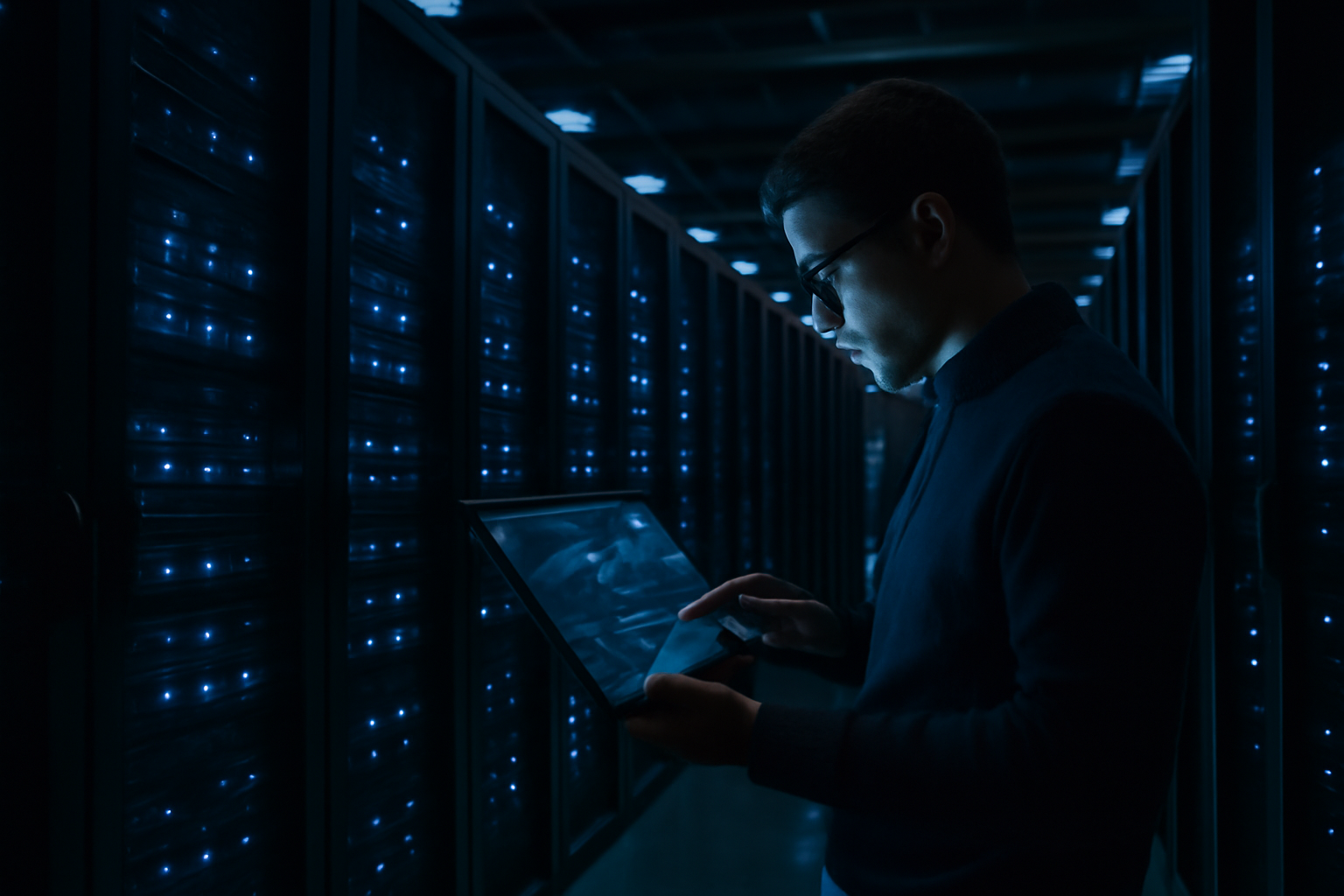 A server room with glowing network monitors displaying abstract AI agent activity graphs