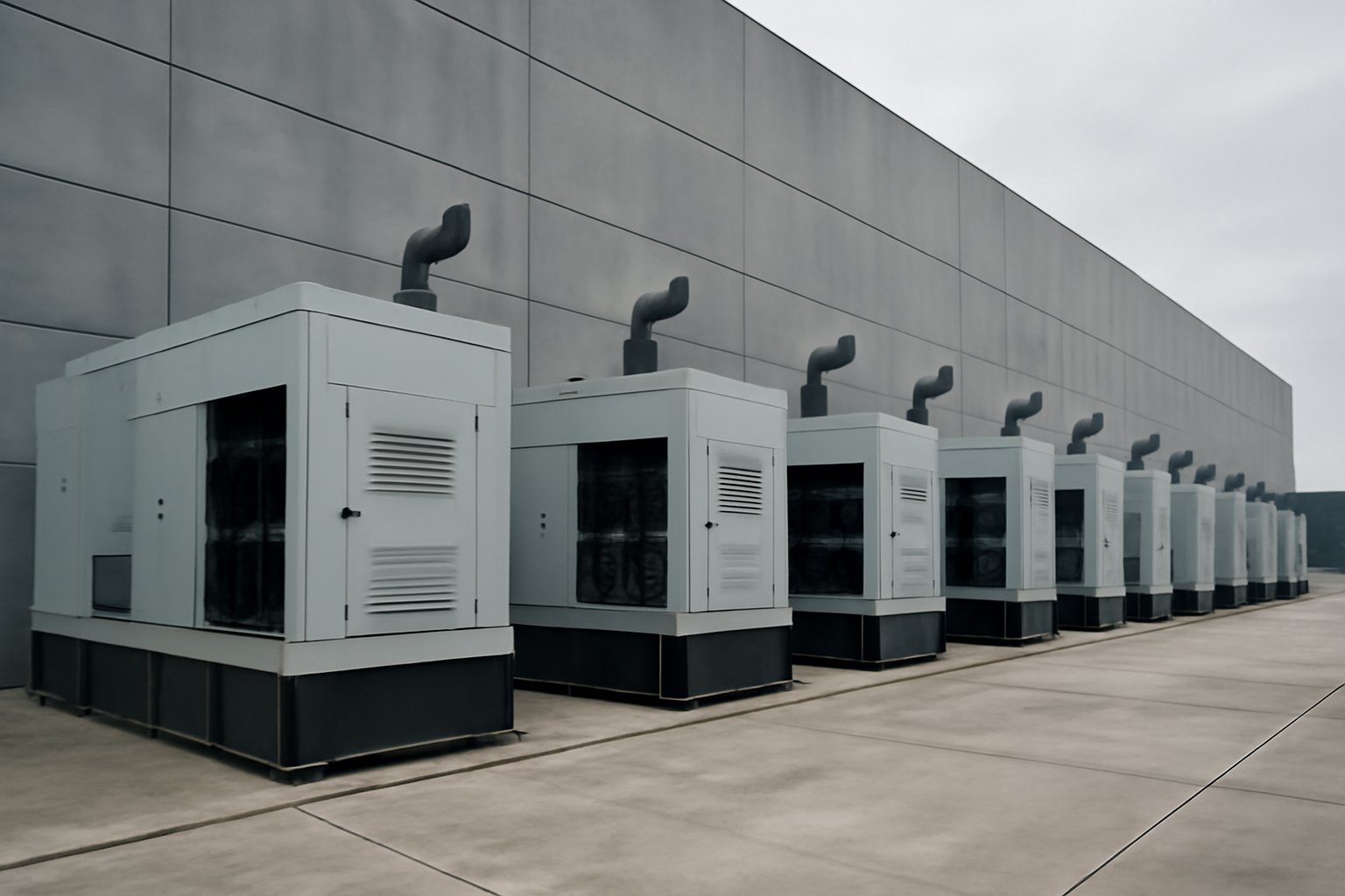 Diesel generators lined up beside a large windowless datacenter building under an overcast sky