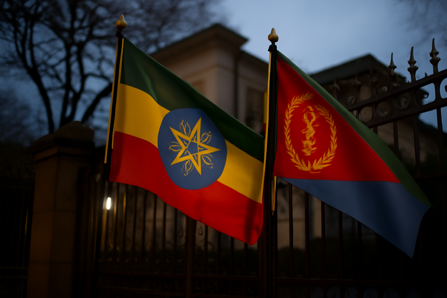 Flags of Ethiopia and Eritrea displayed near a diplomatic building gate