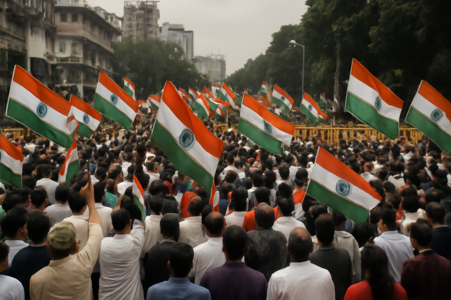 Protesters hold Indian national flags during a march in Mumbai calling for the election commissioner's resignation