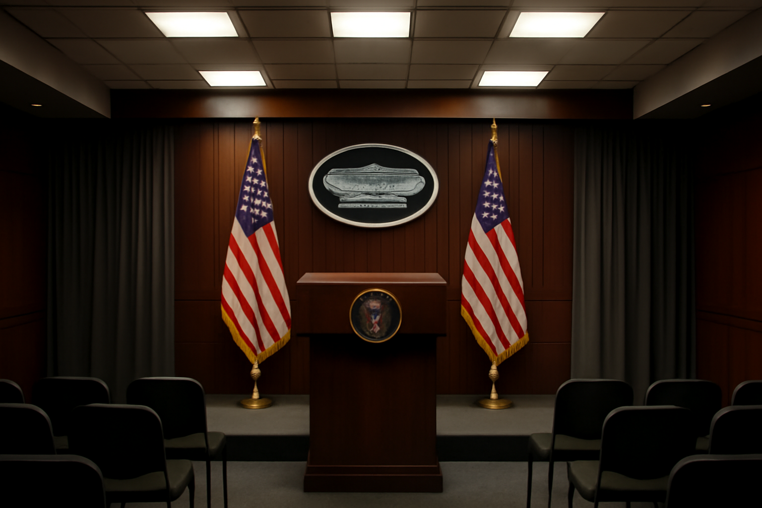Pentagon press briefing room podium with Department of Defense seal and American flag