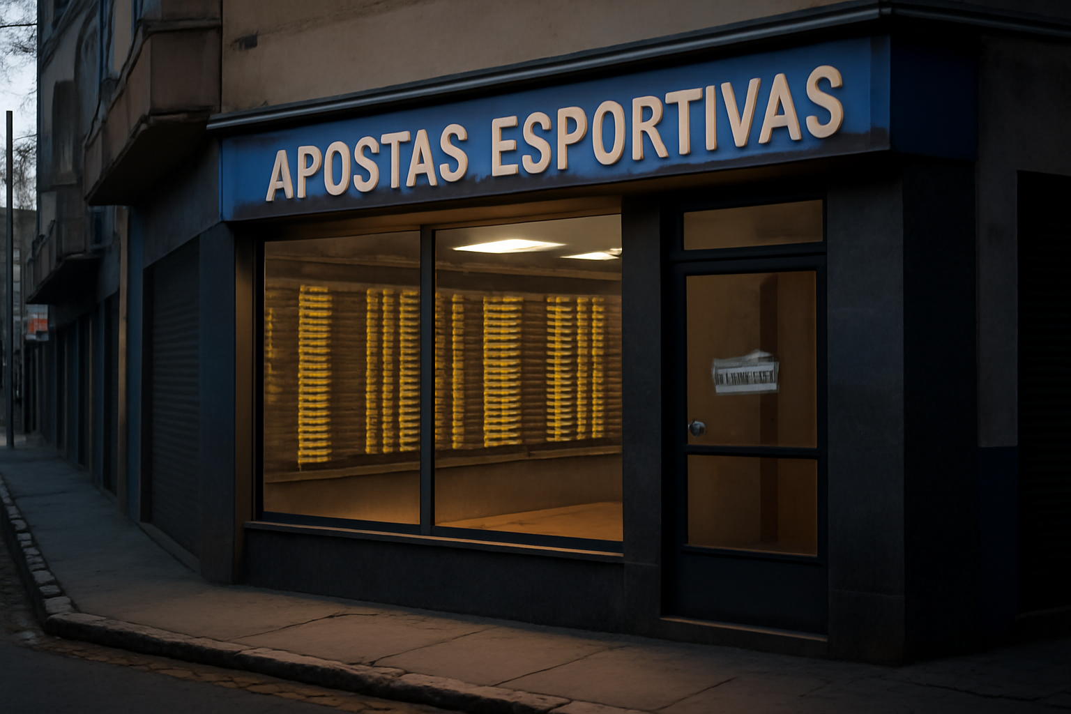 A betting shop storefront in a Brazilian city with sports odds displayed on screens, shuttered signage visible
