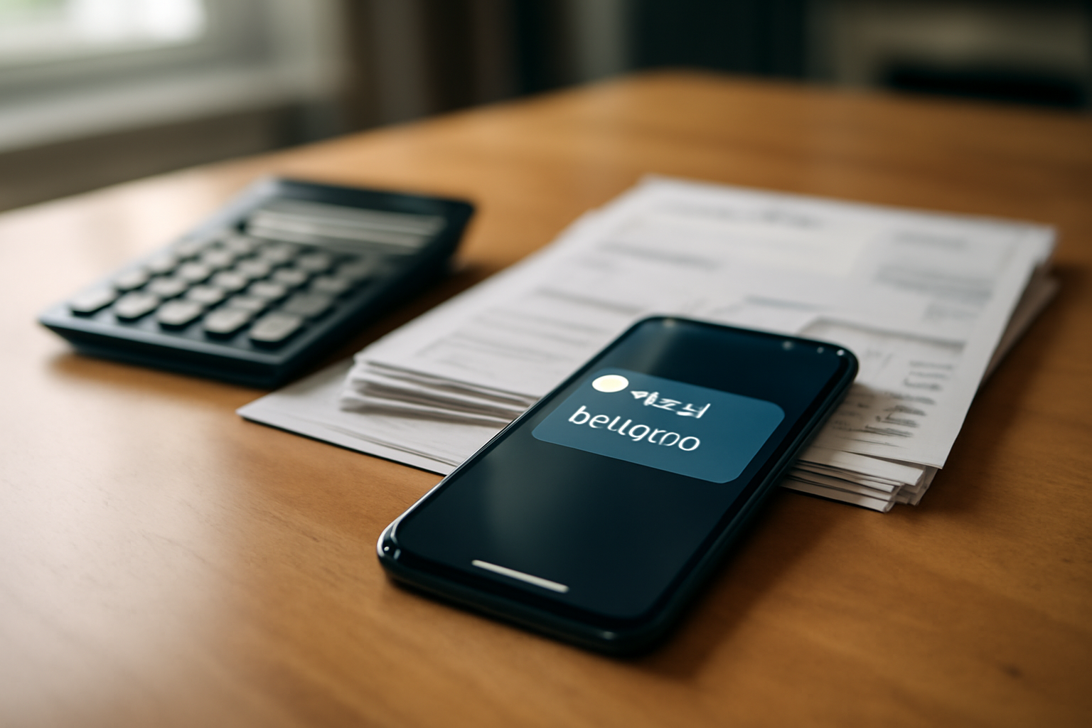 A smartphone displaying a medical billing portal chat notification beside a stack of hospital invoices