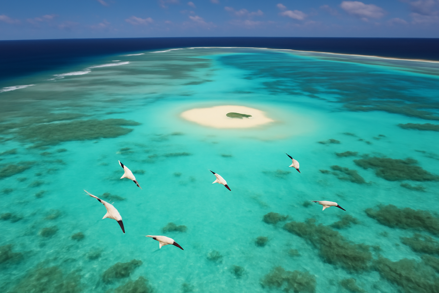 A coral reef with seabirds flying overhead near a remote Pacific atoll