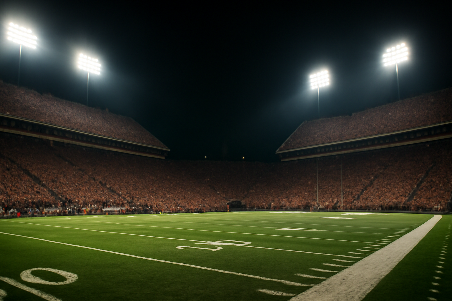 College football stadium lit for a night game with a packed crowd in the stands