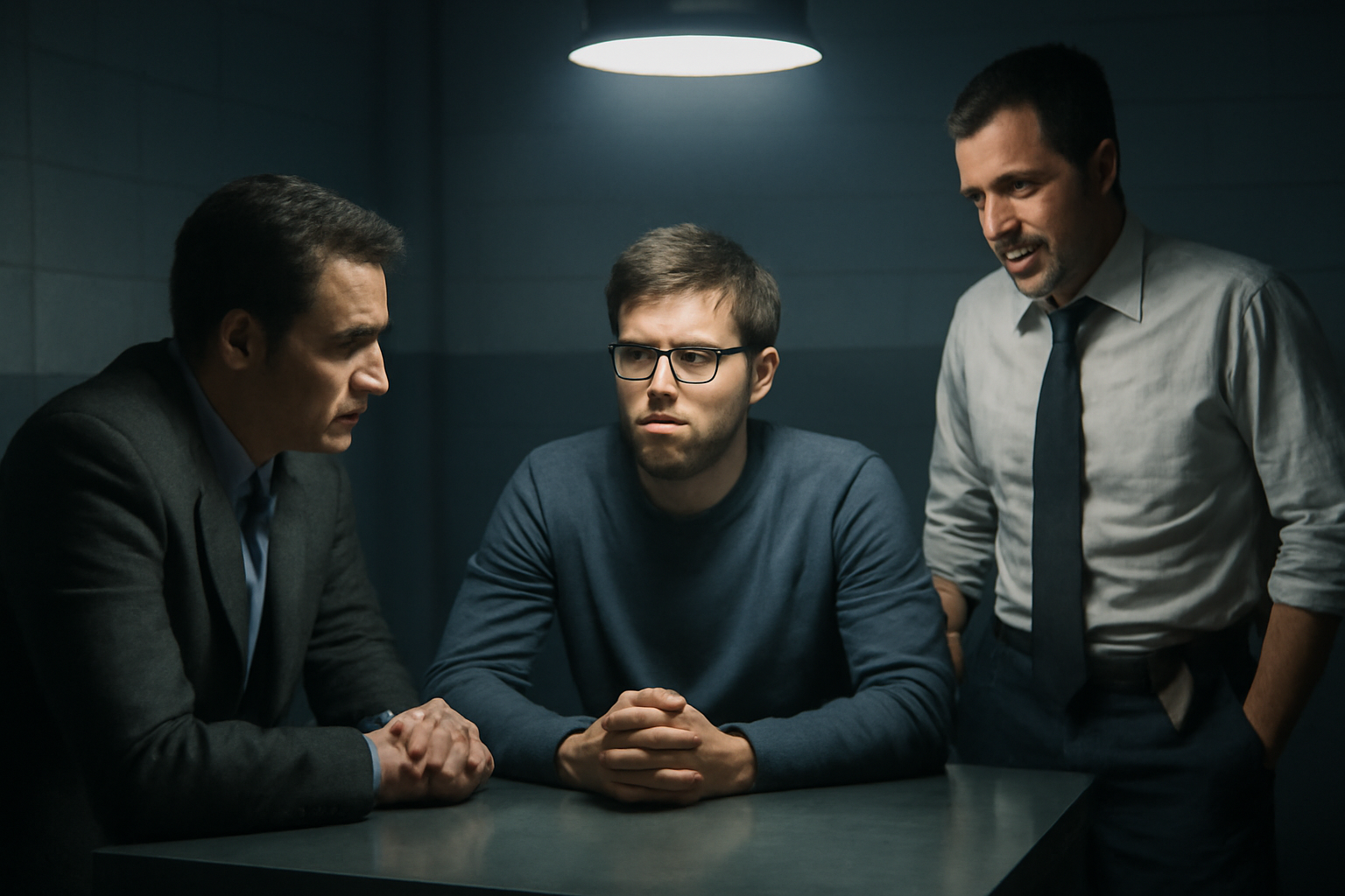 Two television detectives questioning a tense tech executive across an interrogation table.