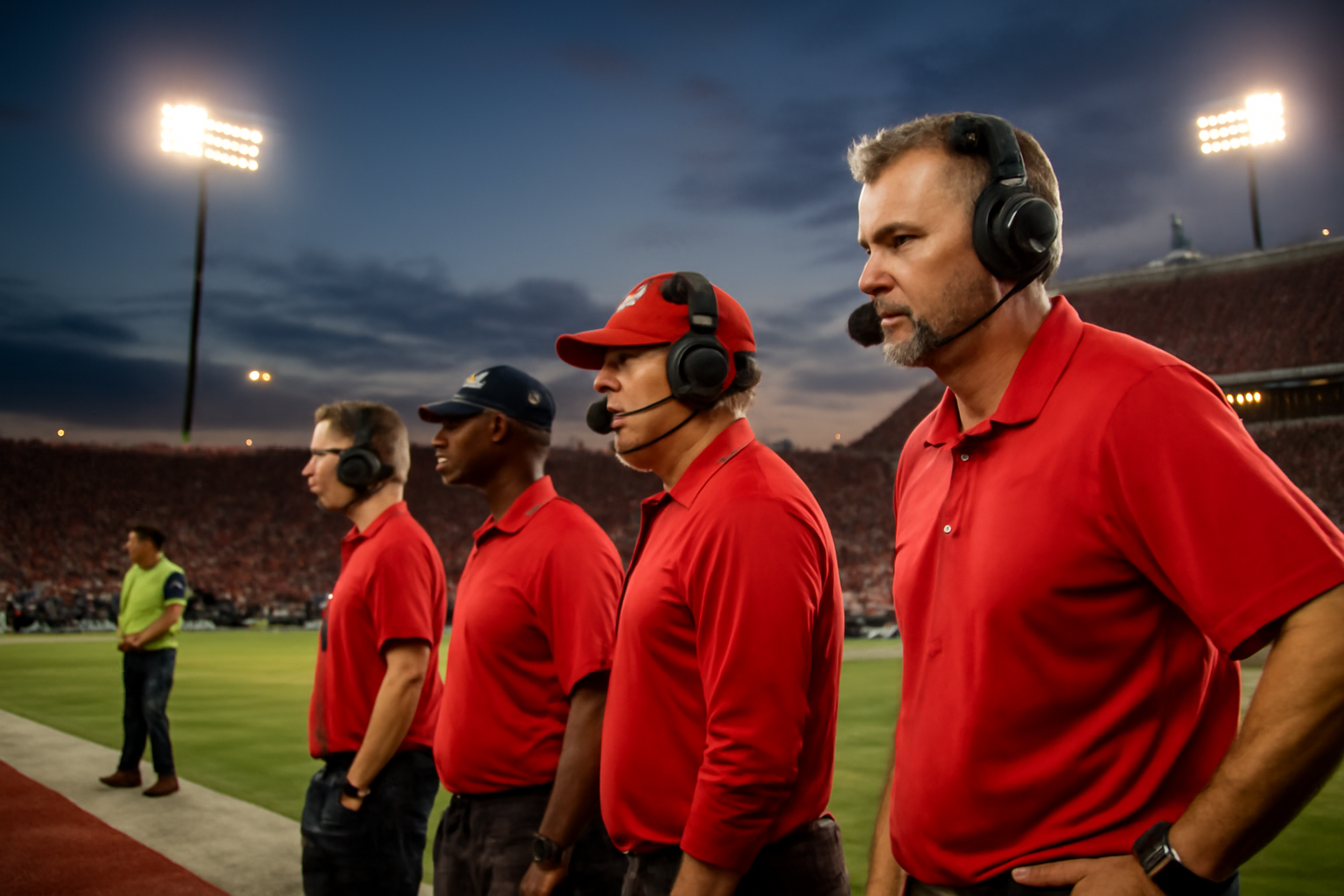 Coaches wearing sideline headsets on a college football field with a stadium crowd in the background