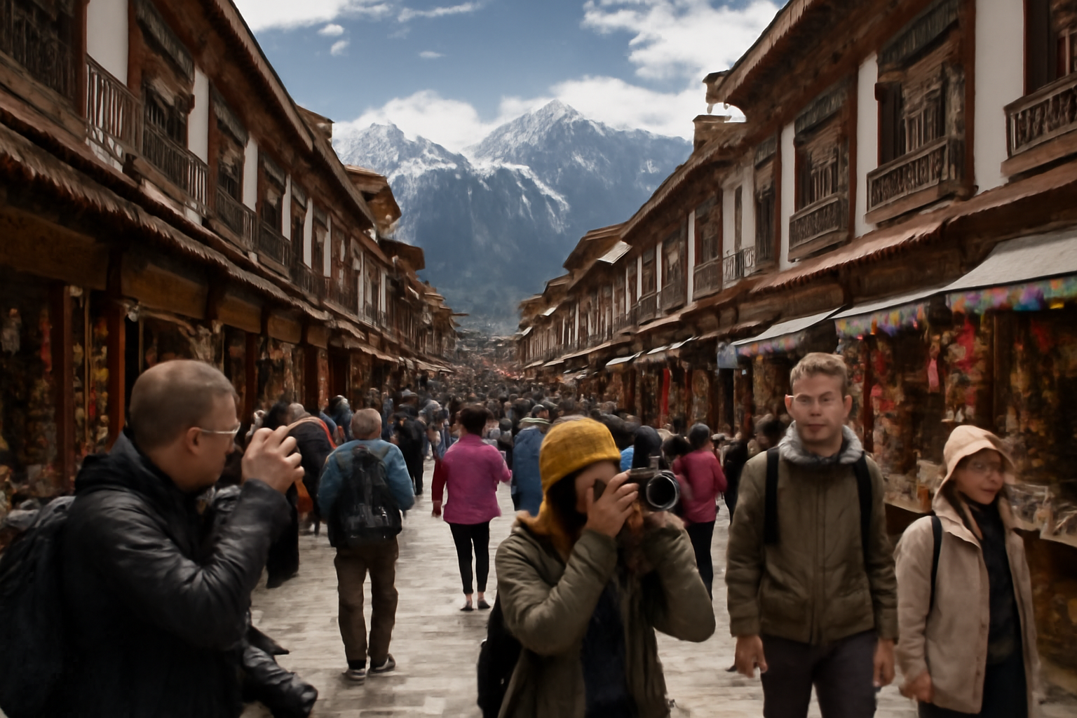 Chinese tourists photograph Tibetan-style storefronts in a Himalayan foothill tourist town
