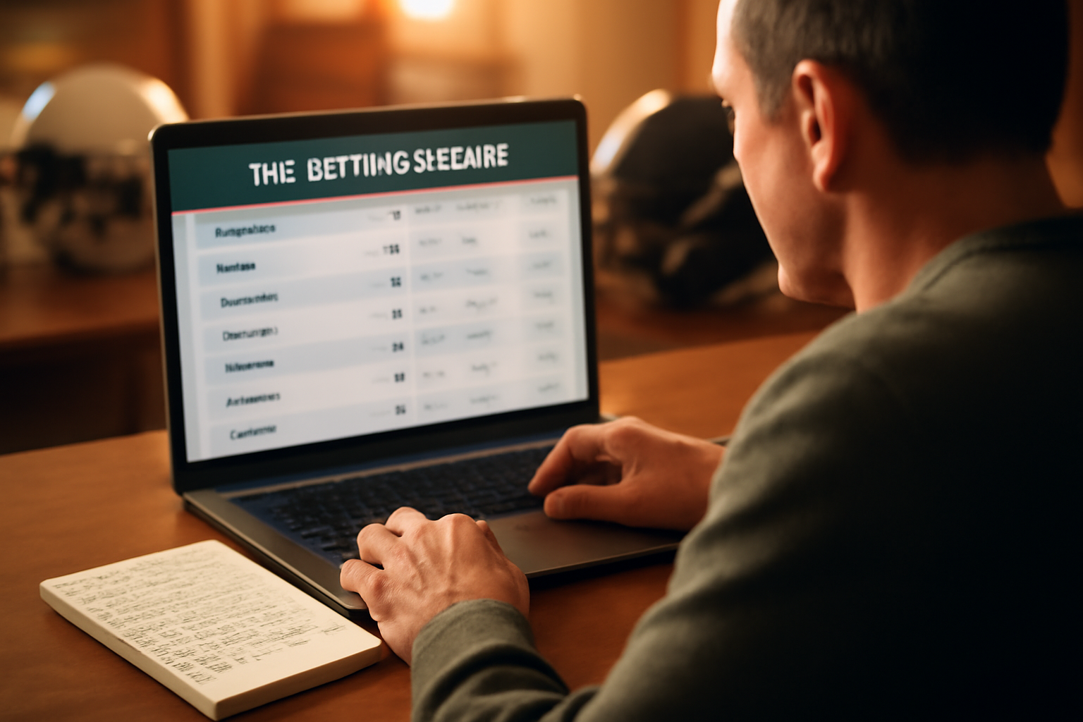 Sports bettor reviewing NFL point spreads on a laptop beside a printed weekly picks sheet