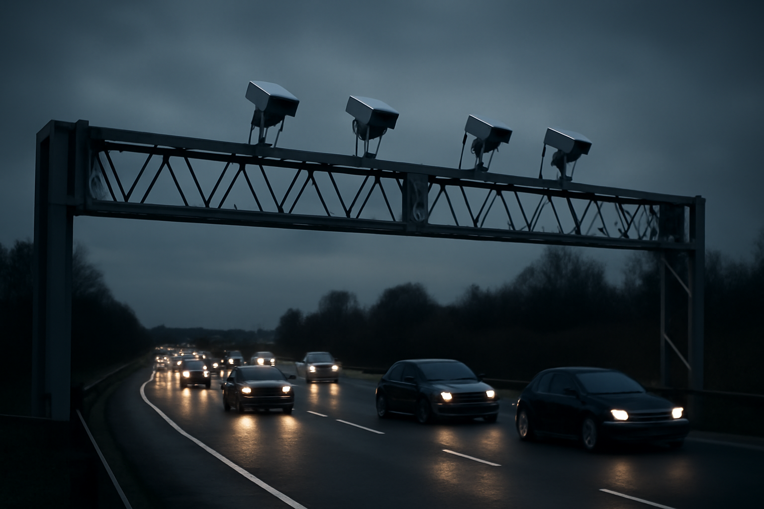 A motorway ANPR camera gantry photographing traffic at dusk on a UK highway