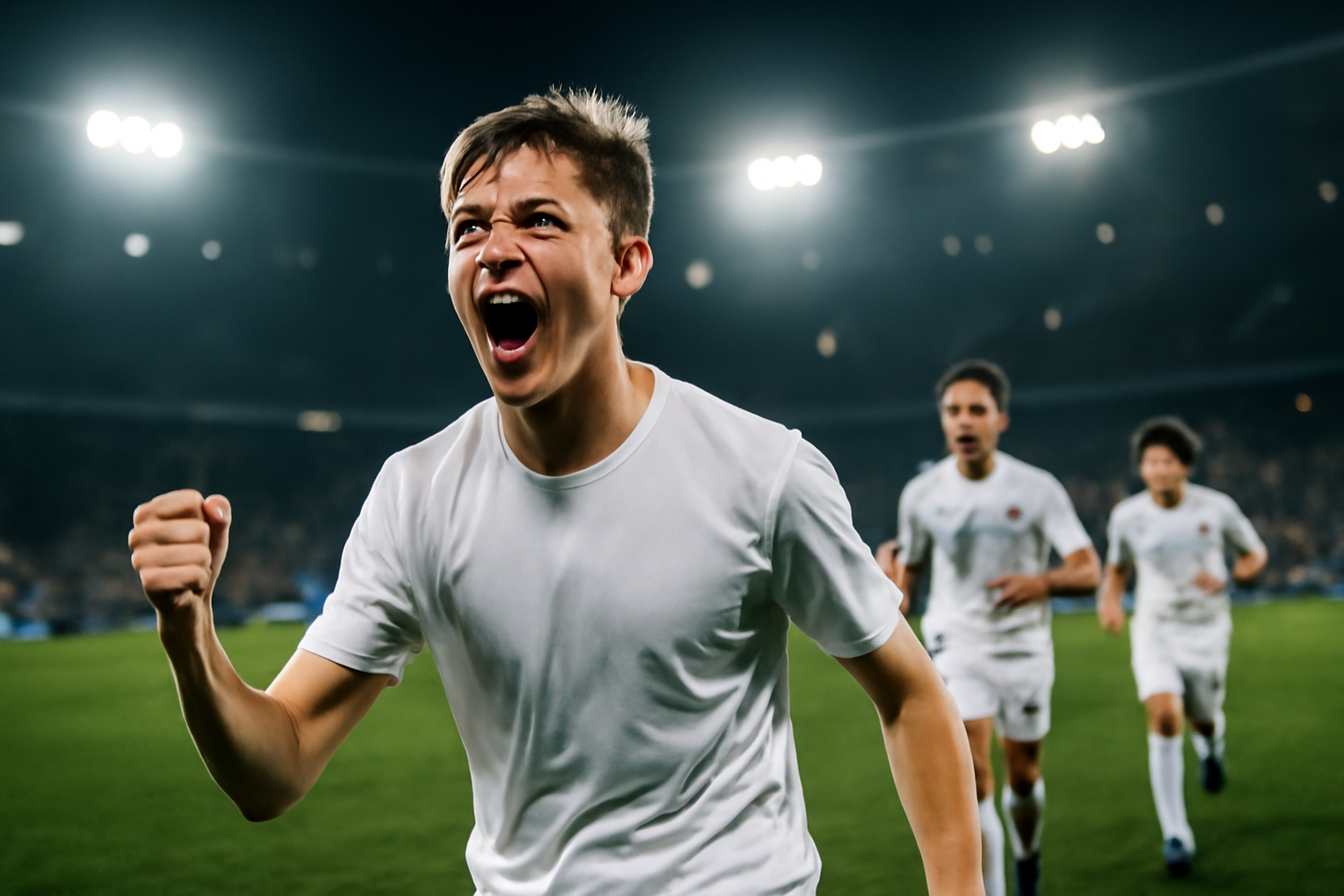 Teenage soccer player celebrating after scoring a chipped goal on a stadium pitch under lights