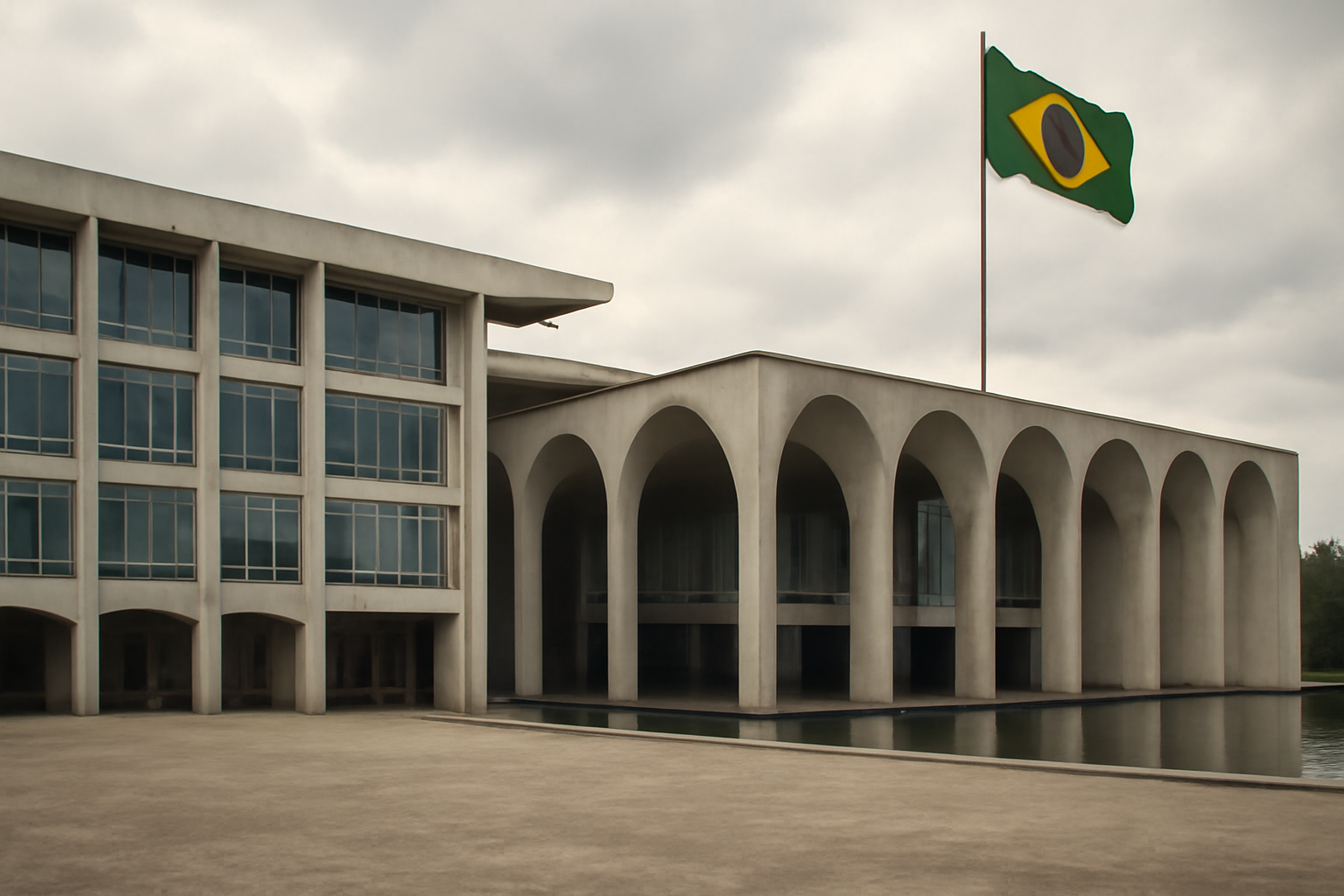 Brazilian presidential seal displayed outside a government building in Brasília under overcast sky