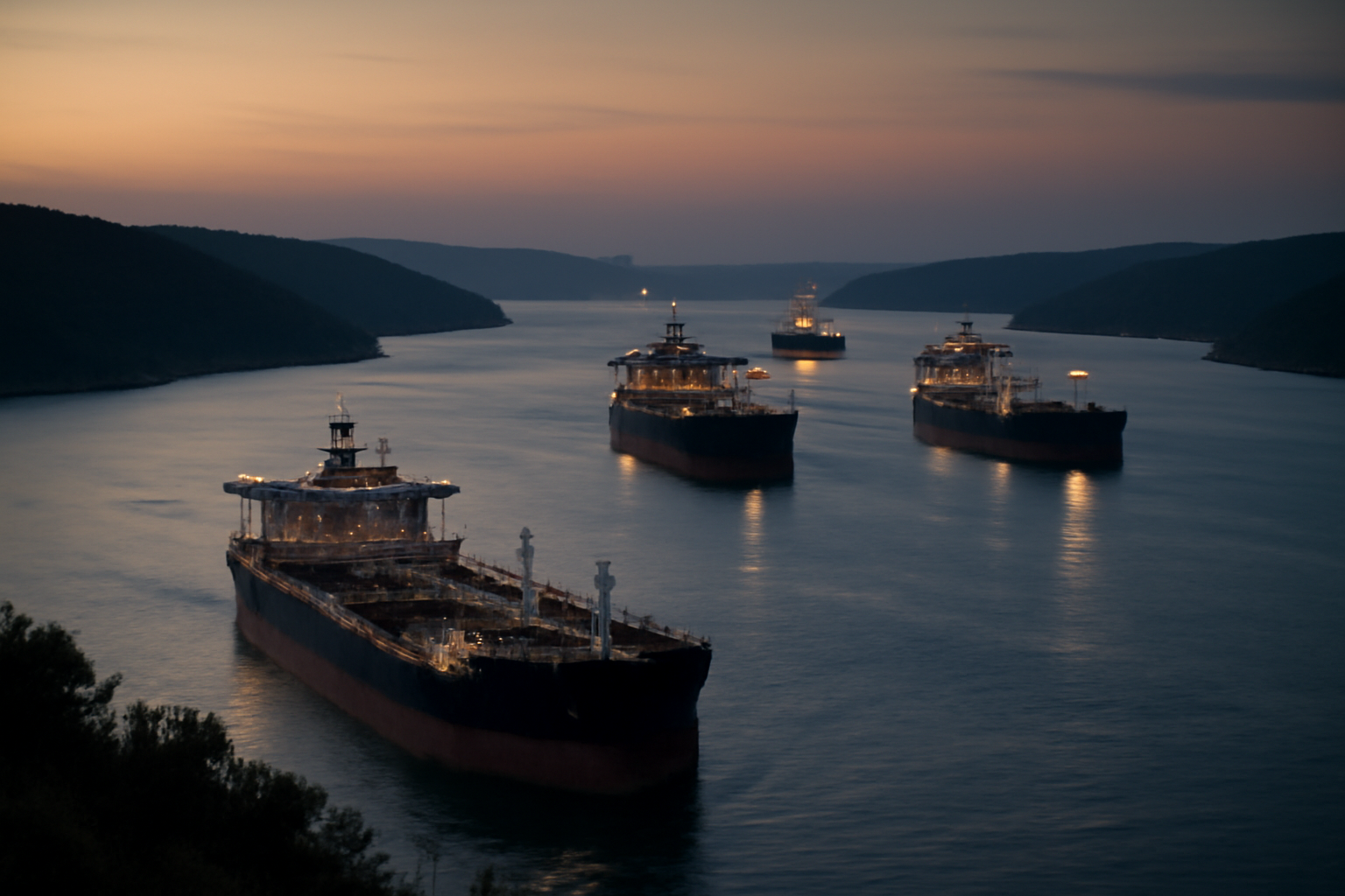 Cargo ships and oil tankers anchored near a narrow strait waterway