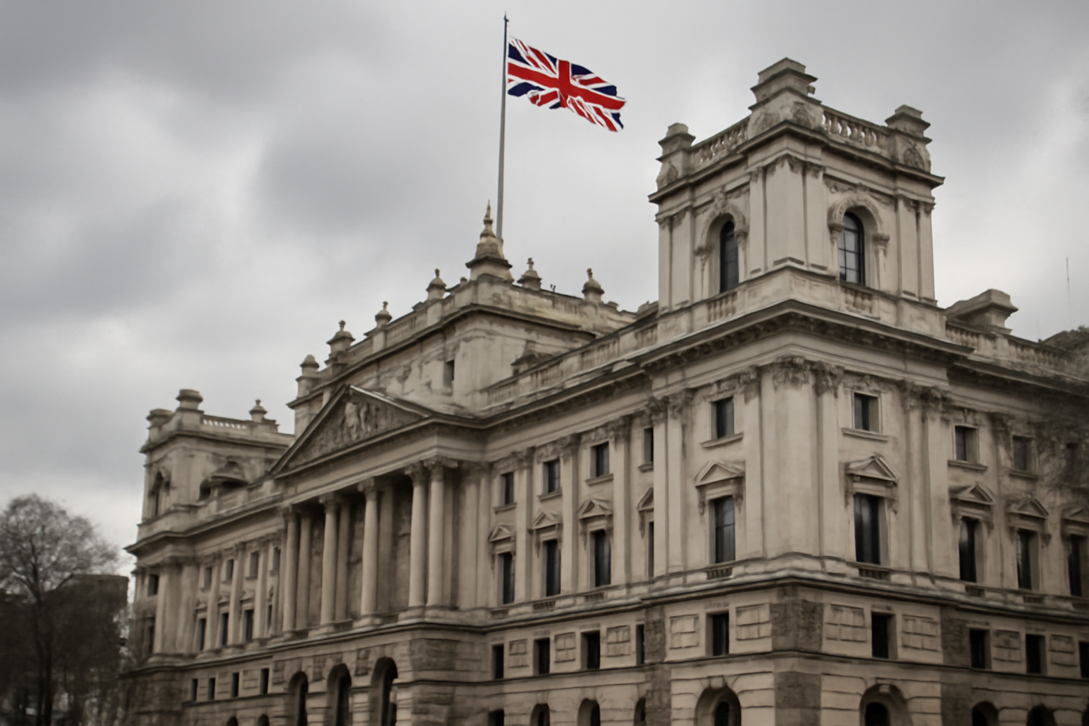 A UK Home Office building with the Union Jack flying, symbolizing immigration policy
