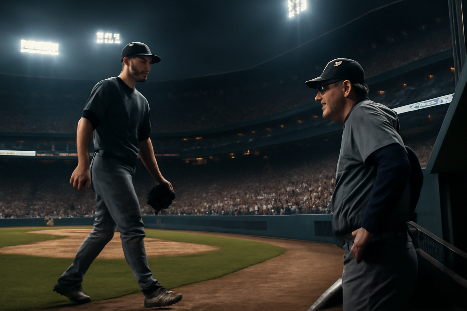 A baseball pitcher walks off the mound toward the dugout as a manager watches from the steps at a lit night stadium