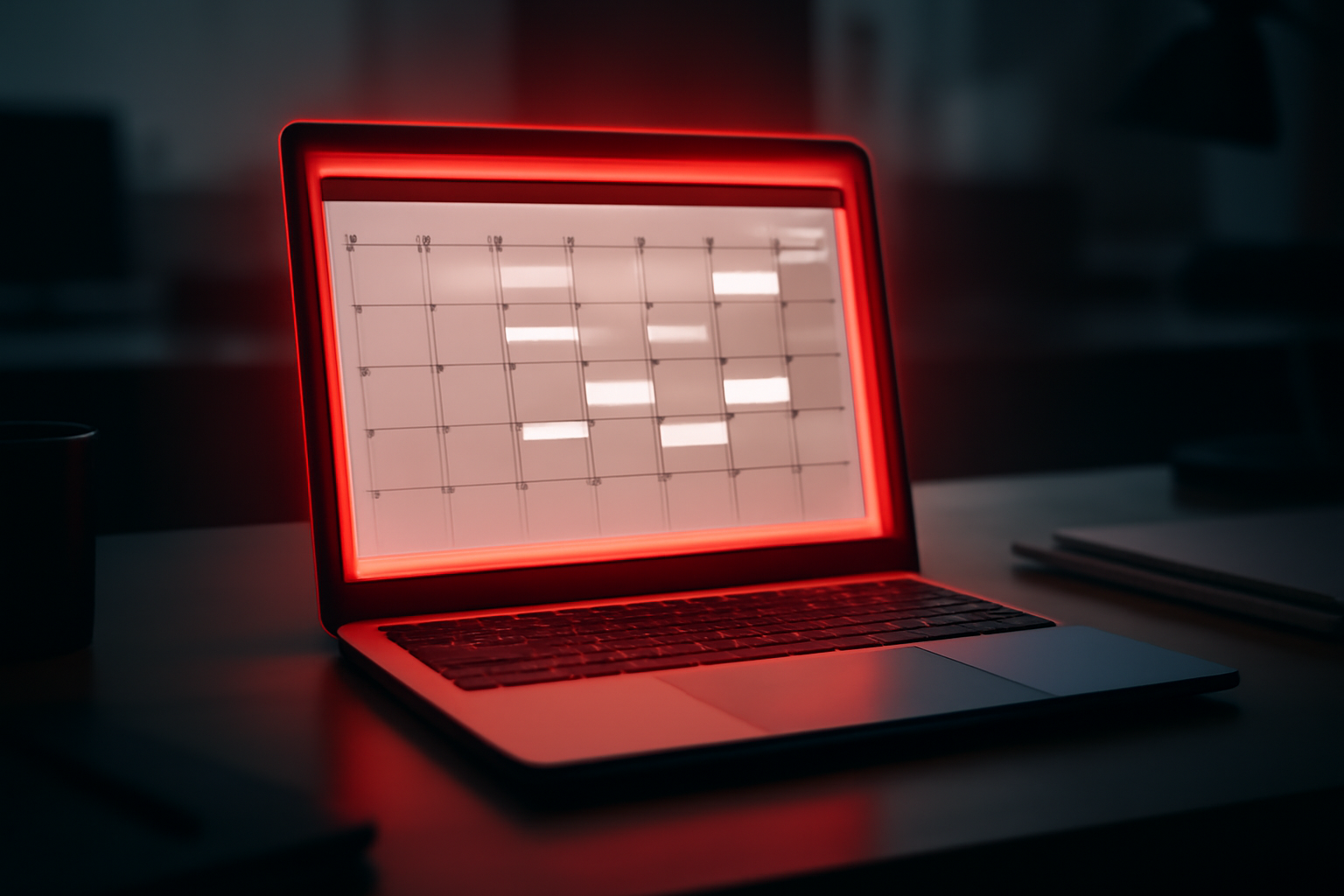 A MacBook screen showing an iCloud calendar interface with a security warning icon overlaid