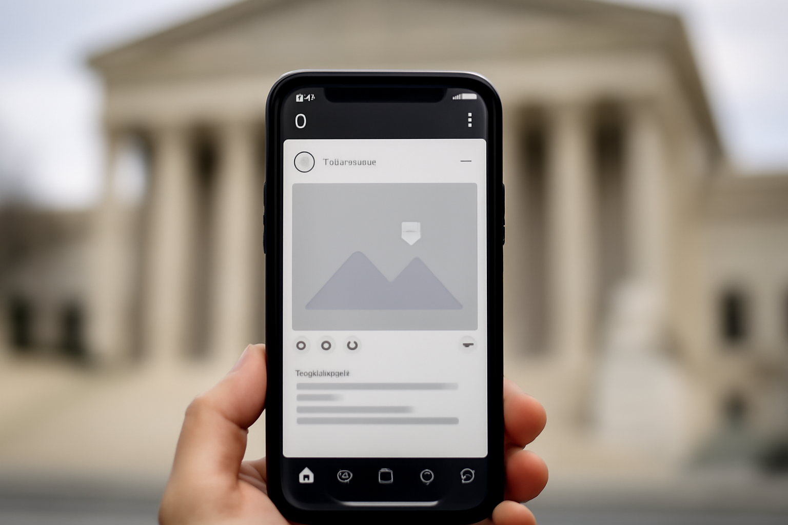 Smartphone displaying the TikTok app logo against a blurred courthouse facade