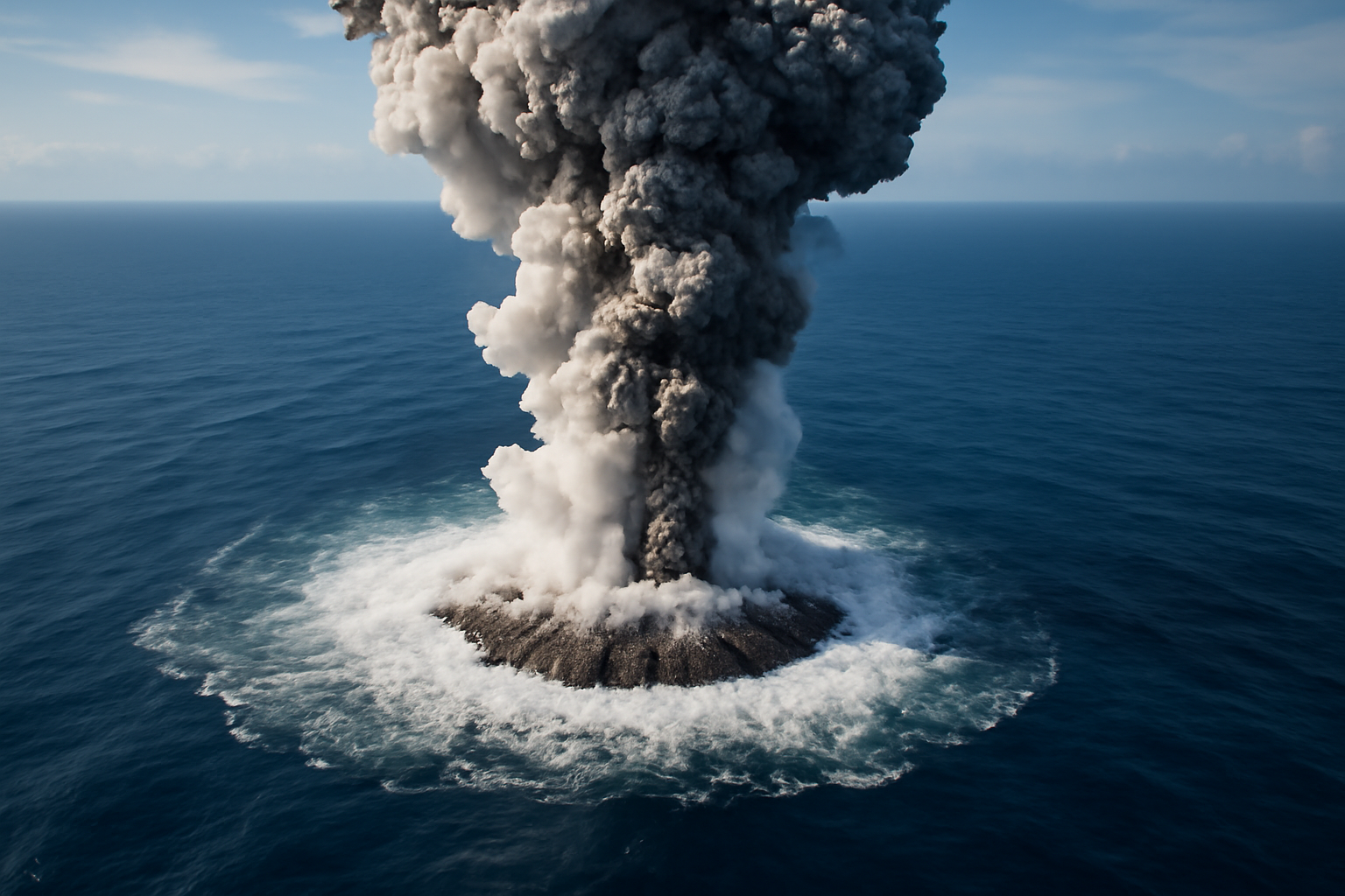 Aerial view of a submarine volcanic eruption sending an ash column into the sky above the ocean
