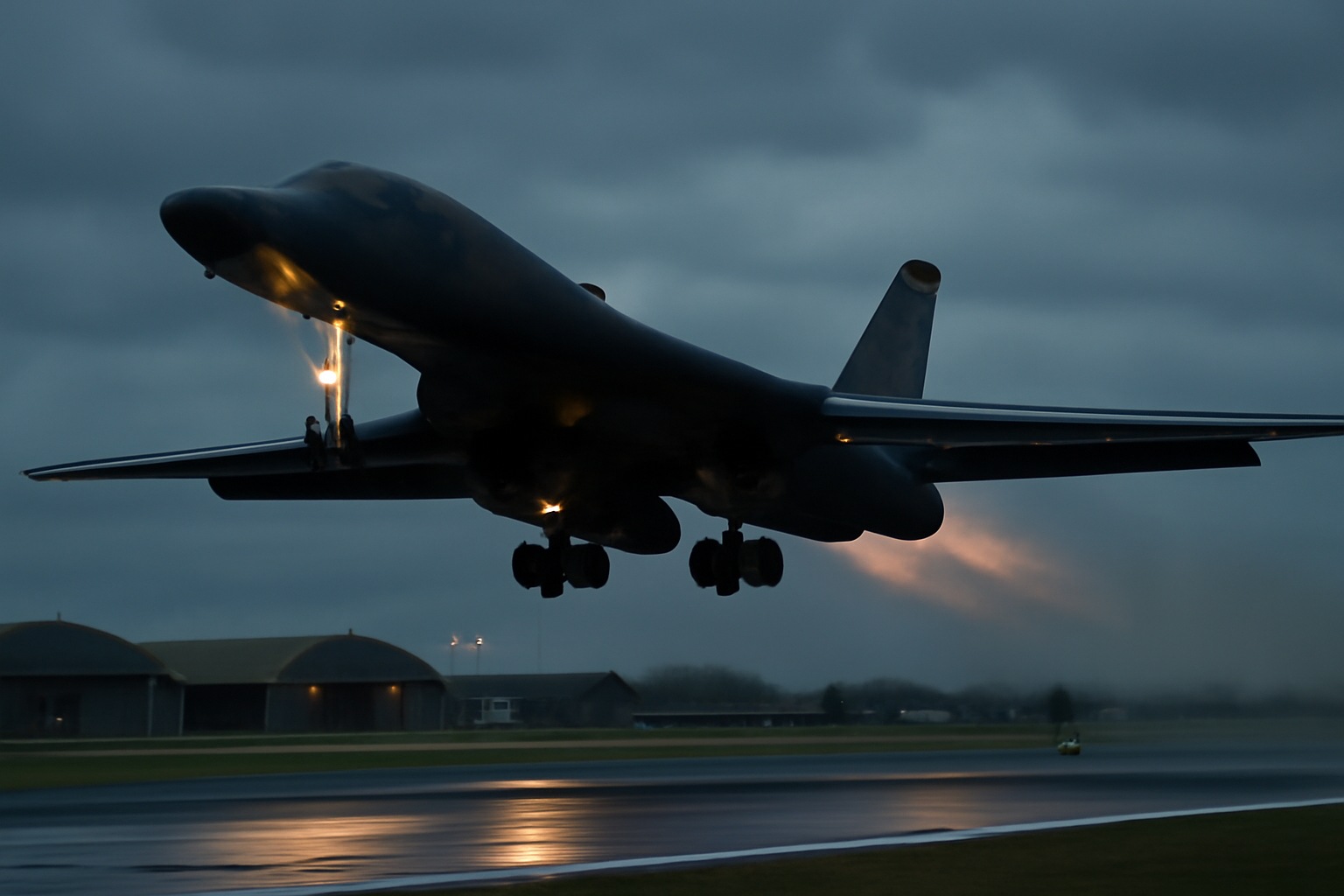 A B-1 bomber taking off from a runway at RAF Fairford