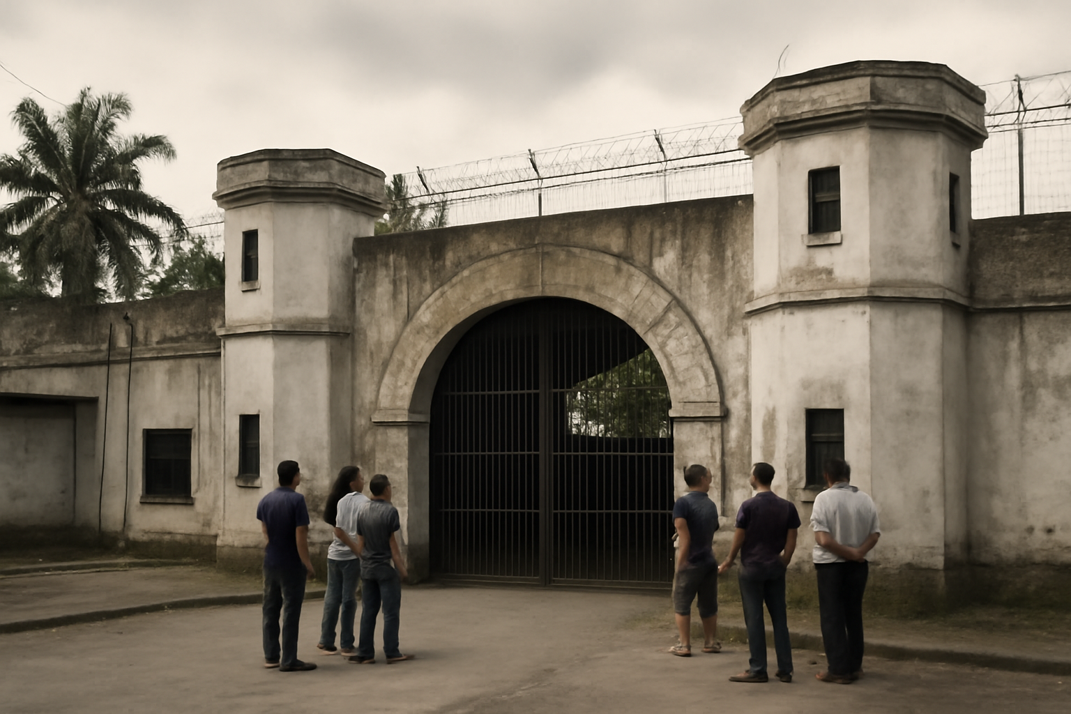 Exterior of a Philippine prison gate with a small crowd gathered nearby