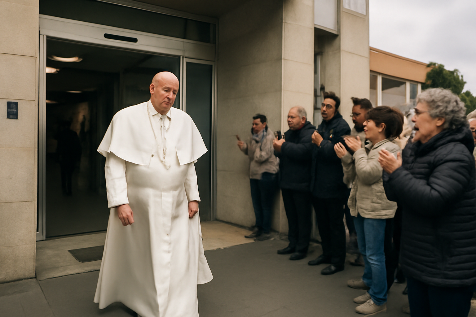 Pope Leo XIV walking out of Gemelli Hospital in Rome surrounded by well-wishers