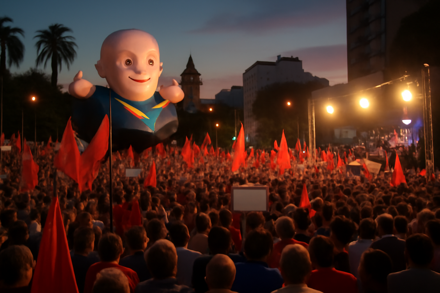 A crowd at a São Paulo election rally holds campaign signs beneath a large inflatable figure of a political leader