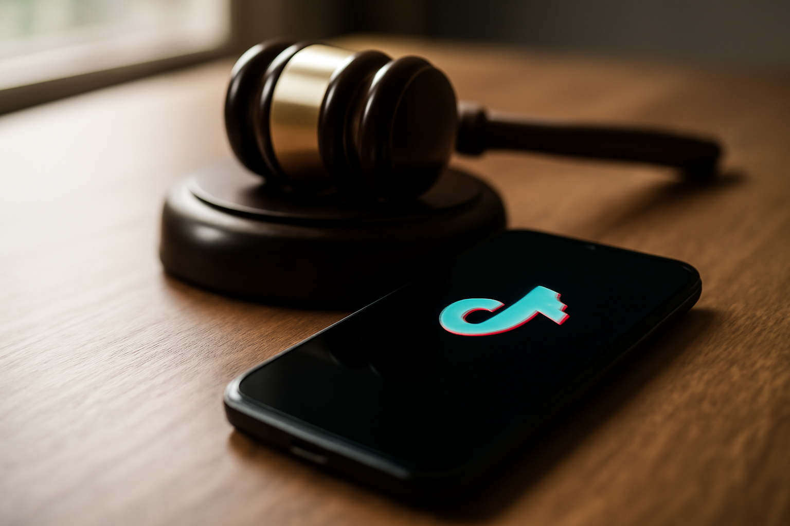 TikTok app logo displayed on a smartphone screen next to a courthouse gavel