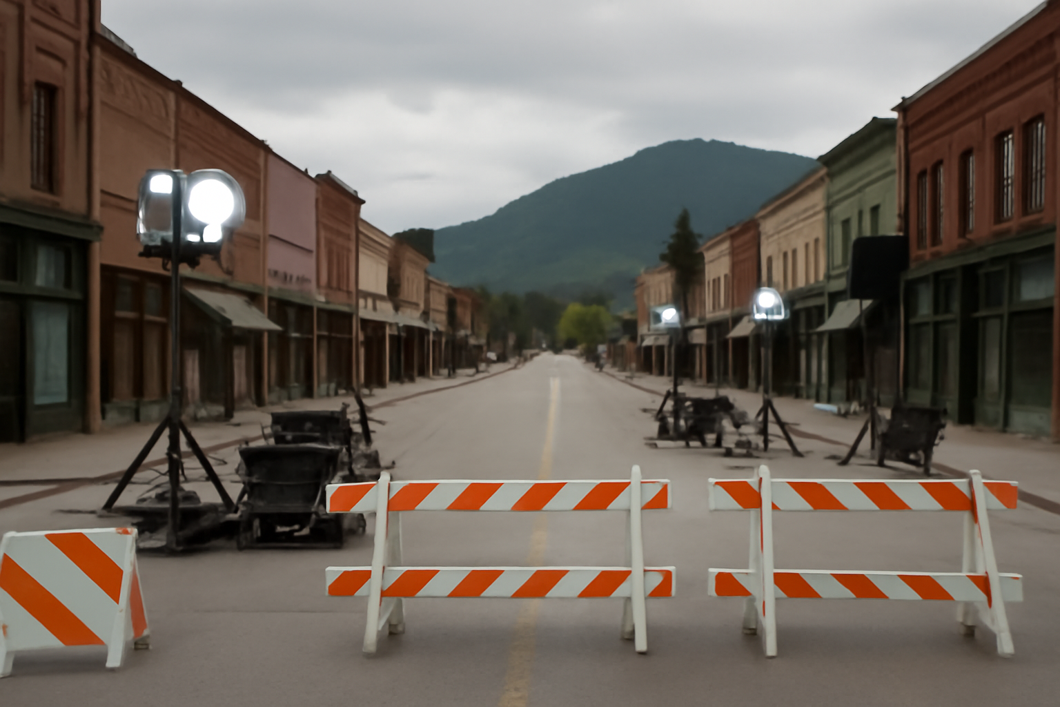 Film crew equipment and police tape on a small-town Montana main street during a movie shoot
