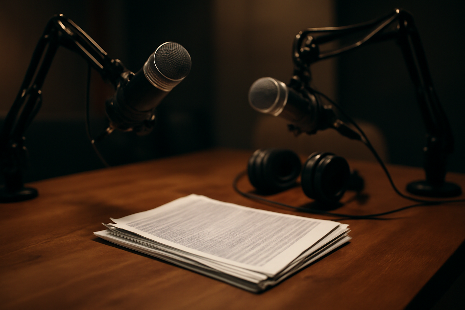 Microphones set up at a political podcast recording desk with campaign finance documents nearby