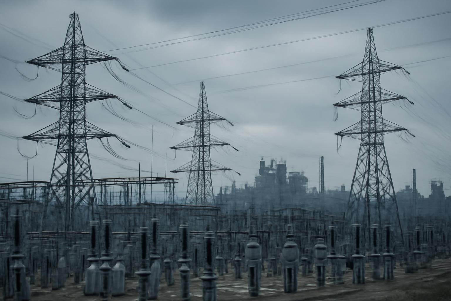 Power lines and an electrical substation near a damaged industrial skyline under overcast sky