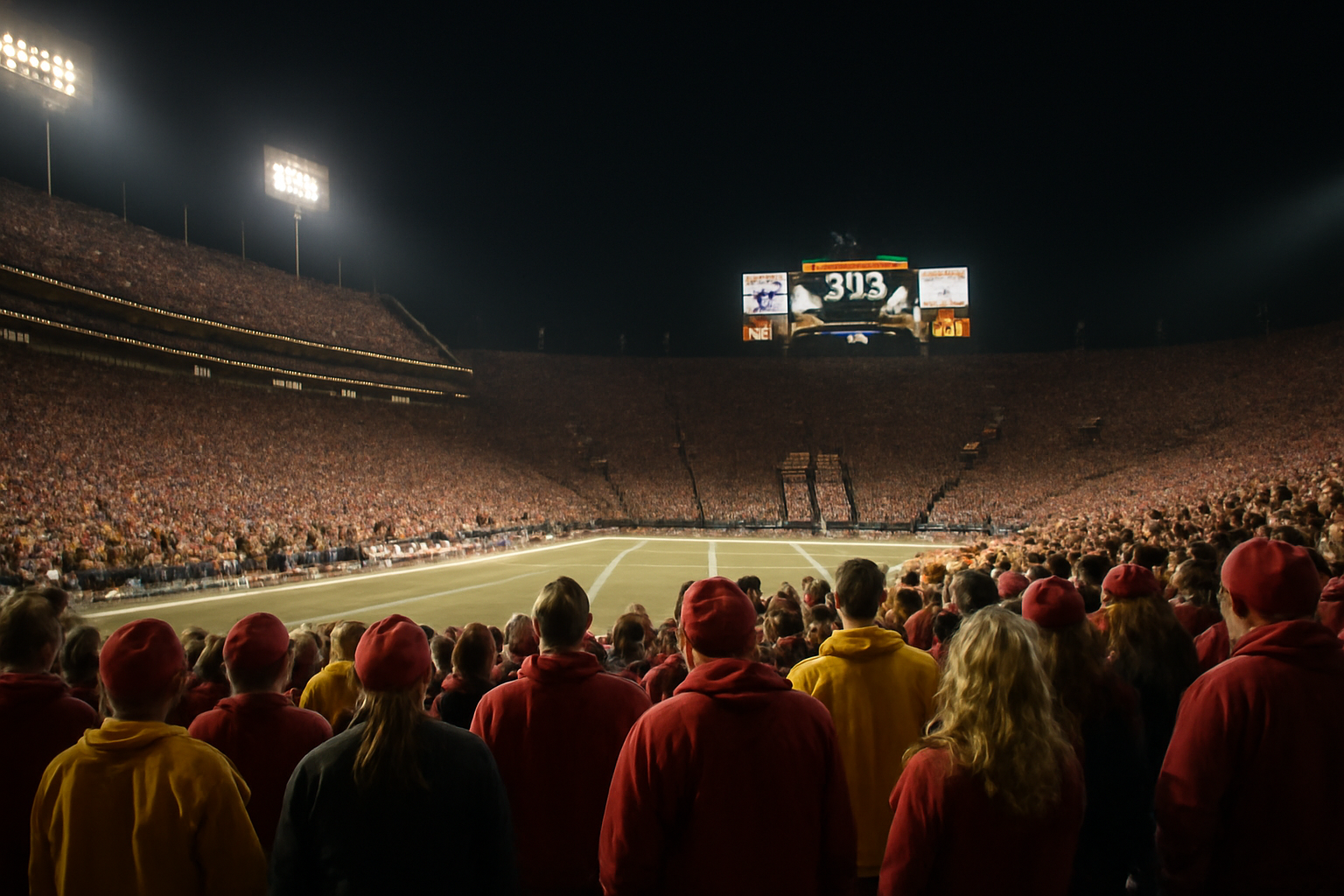 A college football stadium scoreboard showing a ranked team's score trailing late in the fourth quarter under stadium lights