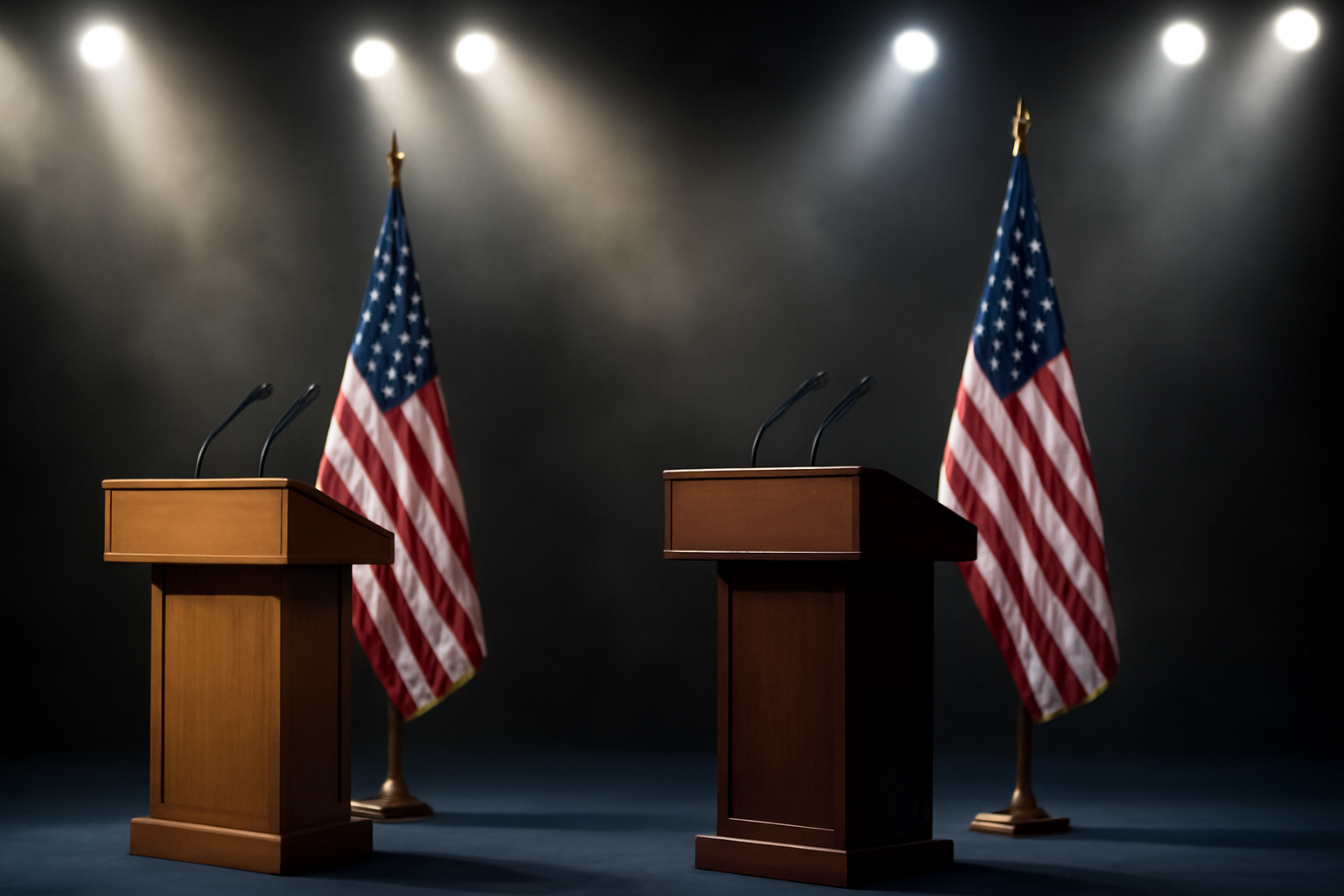 Split image of a presidential podium and a campaign rally stage symbolizing contrasting economic messaging