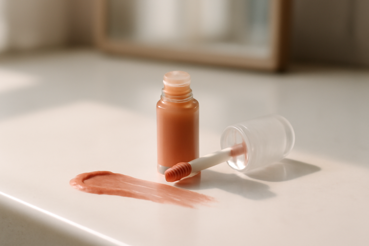 A tube of pink-toned lip stain serum resting beside a makeup bag on a vanity counter