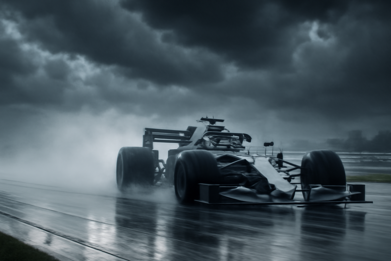 Formula One car spraying water on a rain-soaked grand prix track under gray skies