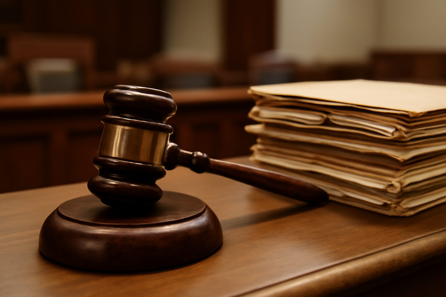 A gavel resting on a wooden courtroom bench near scattered legal documents