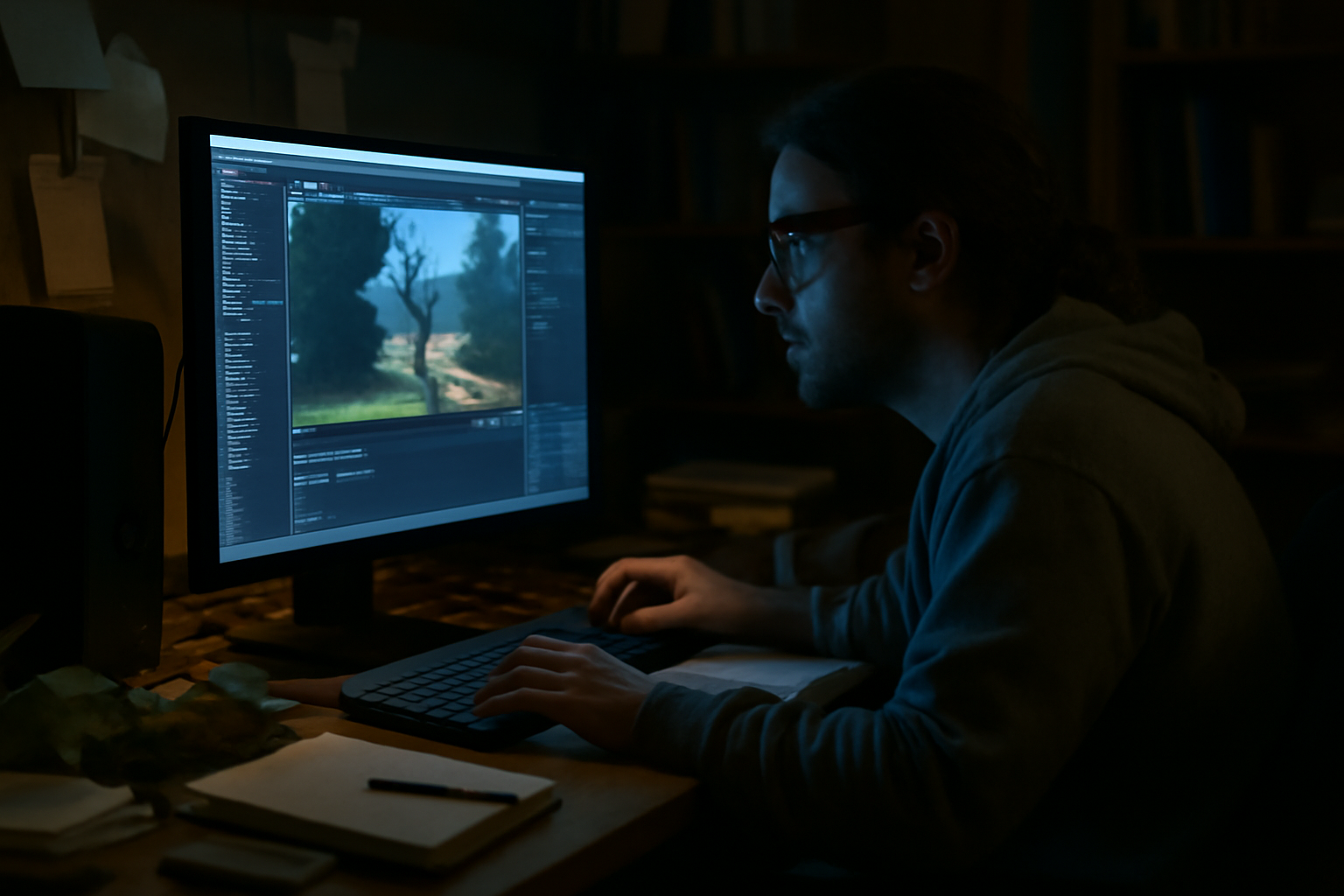 Indie game developer at a desk reviewing code next to a locked demo build on a monitor
