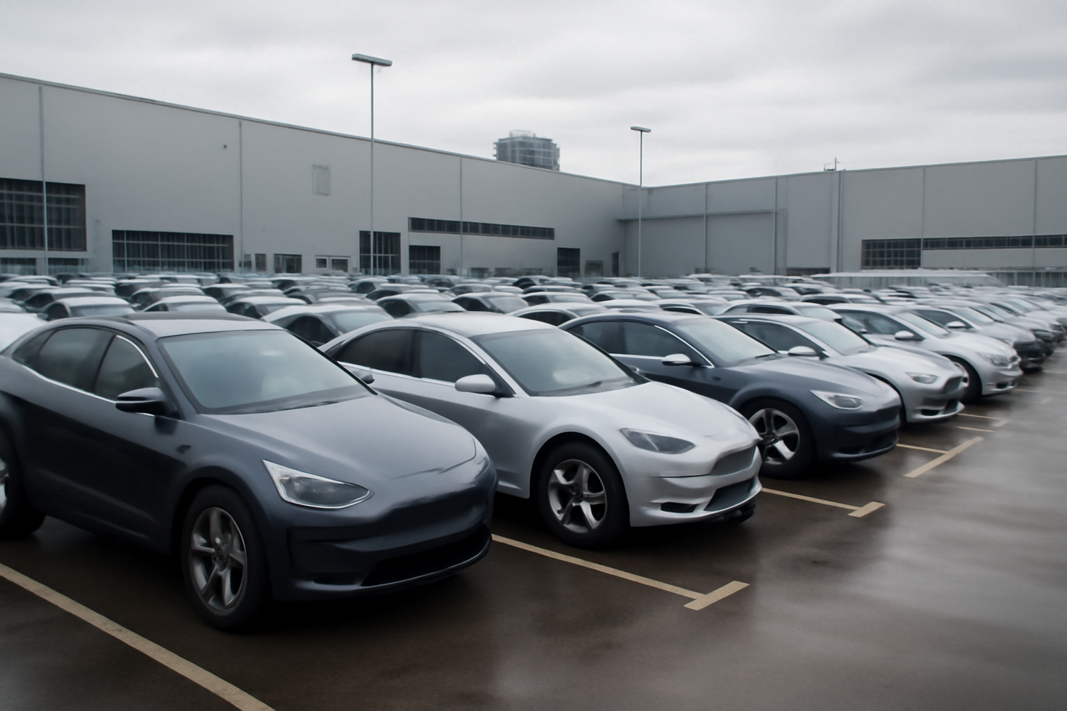 Rows of unsold electric sedans and SUVs parked outside a factory lot