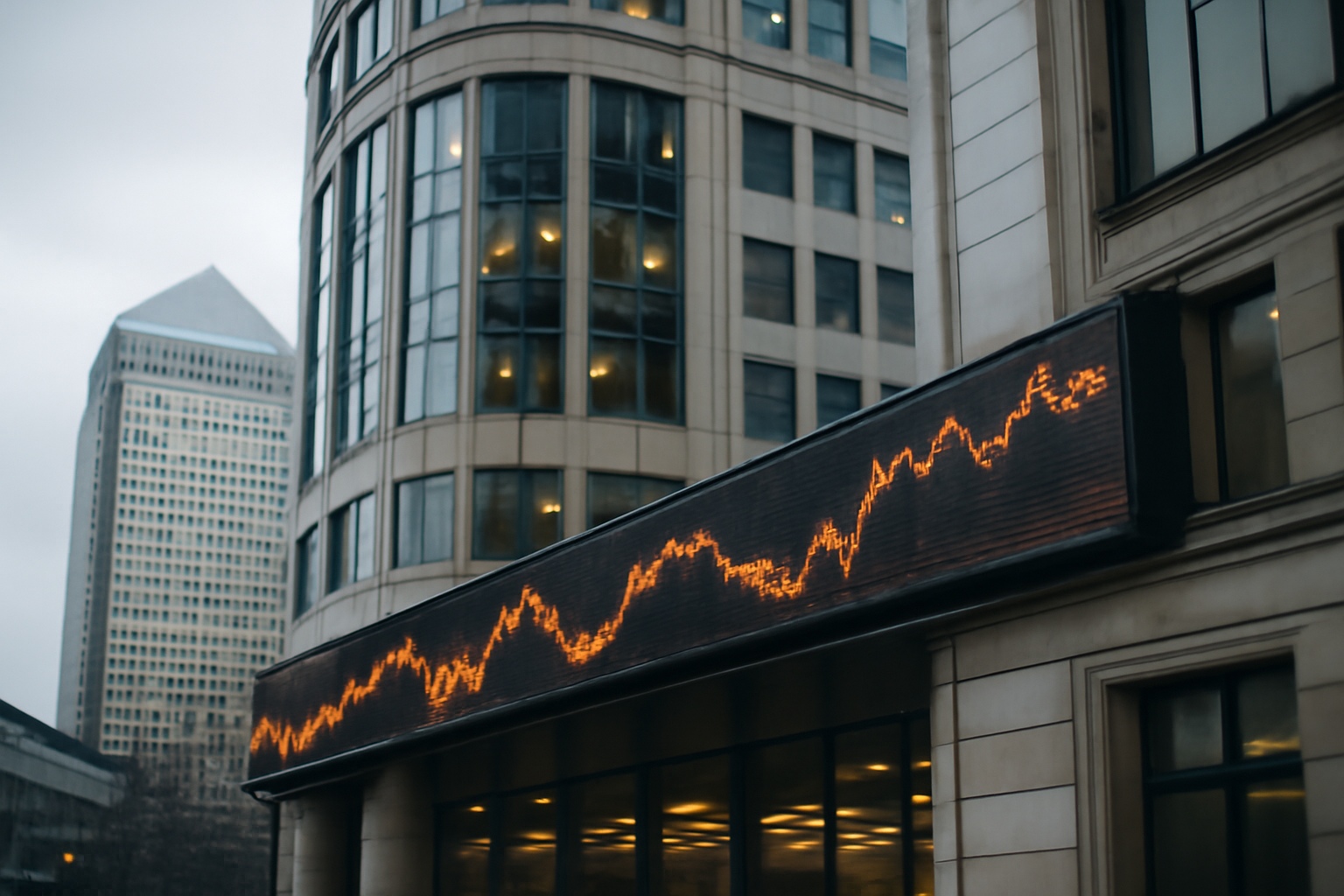 A stock exchange board displaying share price movements behind a London office building facade