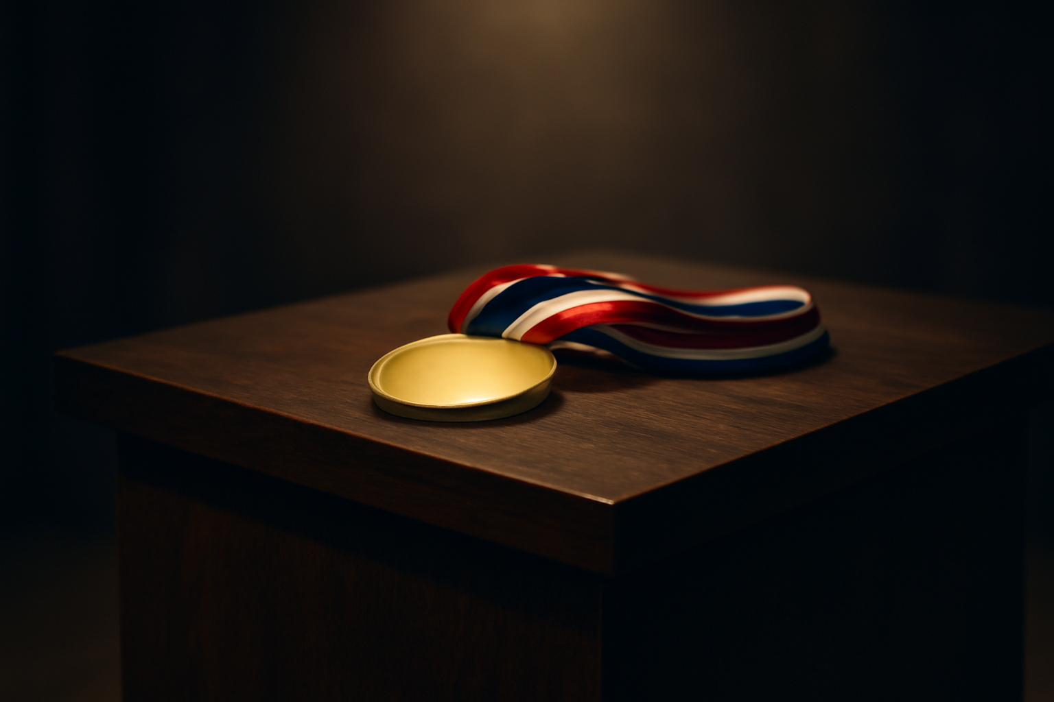 Gold medal and wooden podium staged under soft lighting ahead of an awards announcement